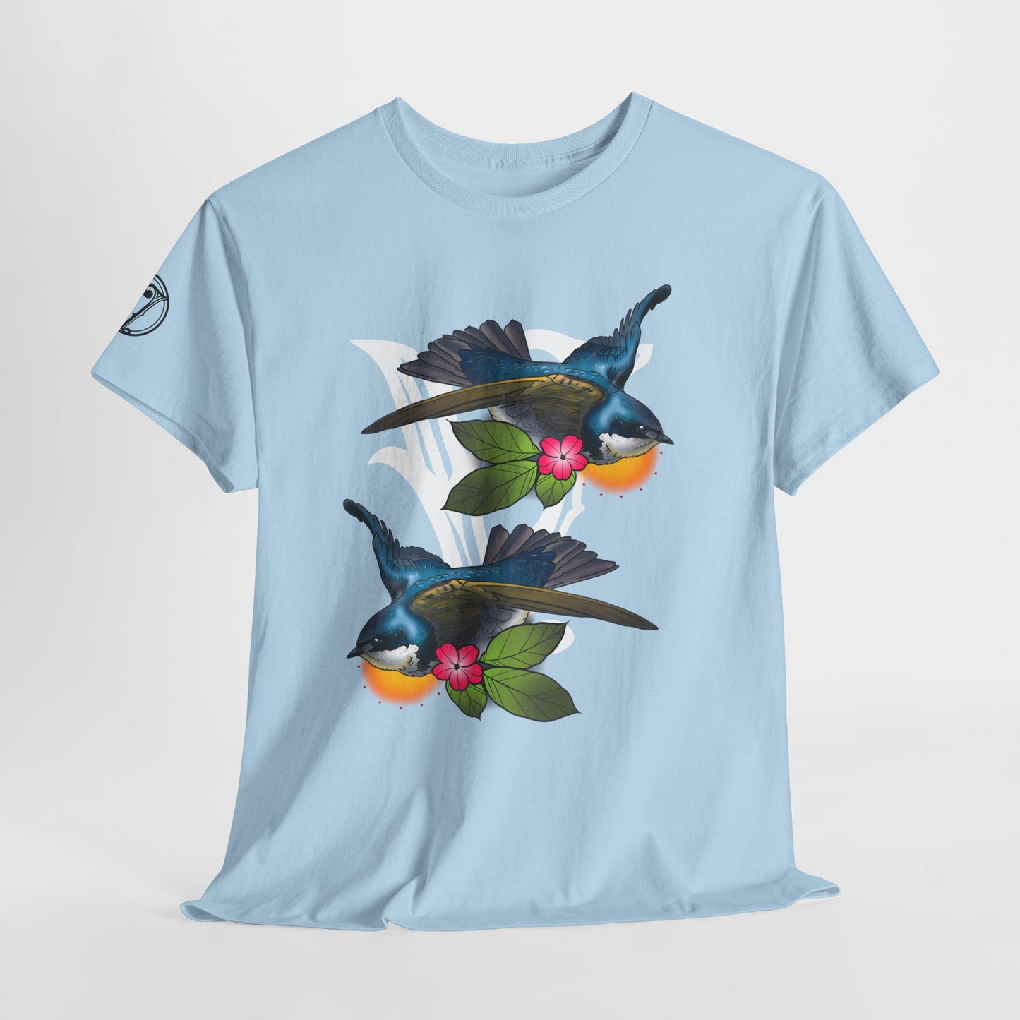 Bird Skull & Swallow Art Tee — Vibrant Blue Bird Illustration T-Shirt
