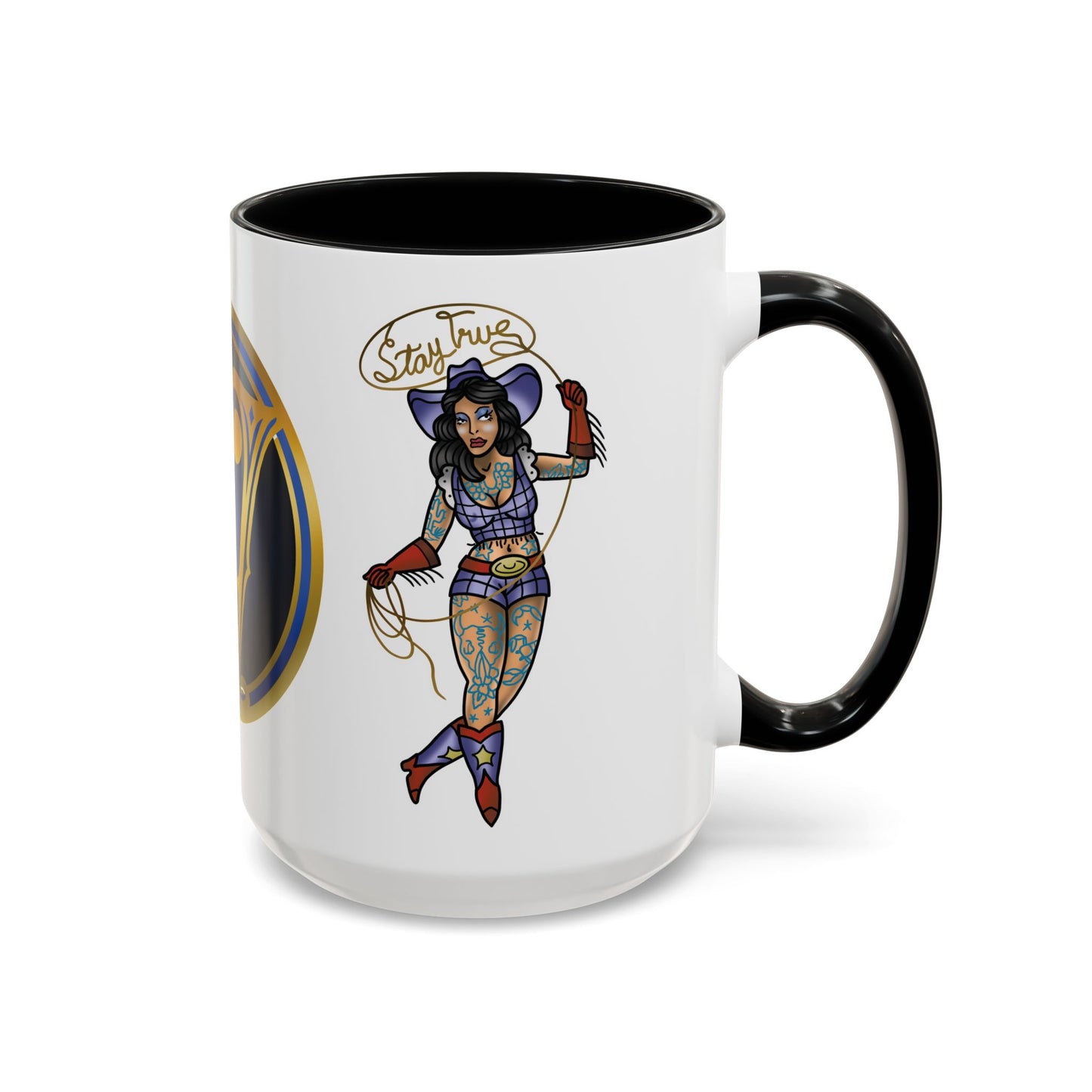 Accent Coffee Mug — Vintage Gold 'V' Monogram & Pin-Up Cowgirl Illustration (11oz/15oz)