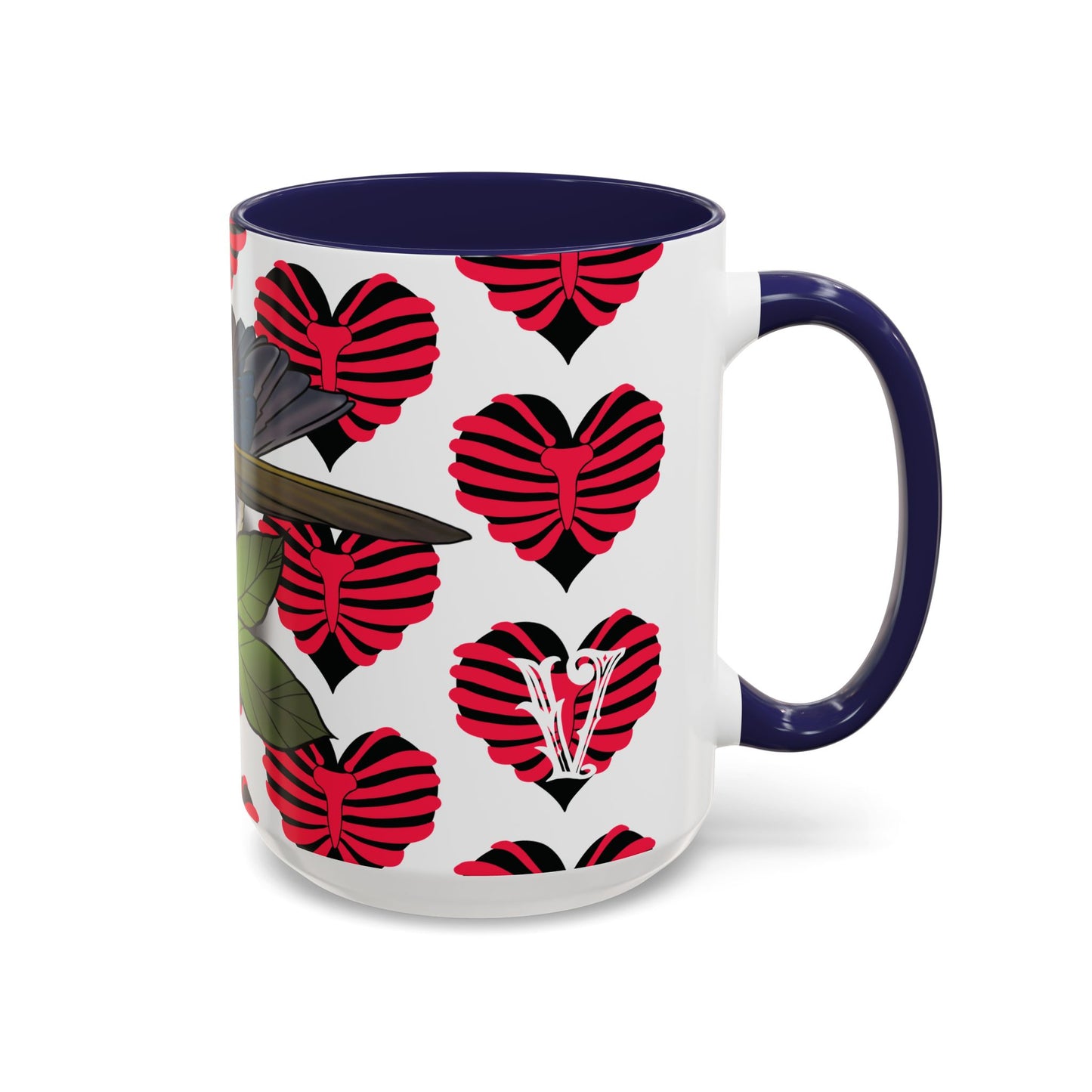 Bird & Hearts Accent Coffee Mug – Colorful Songbird Pattern (11/15oz)