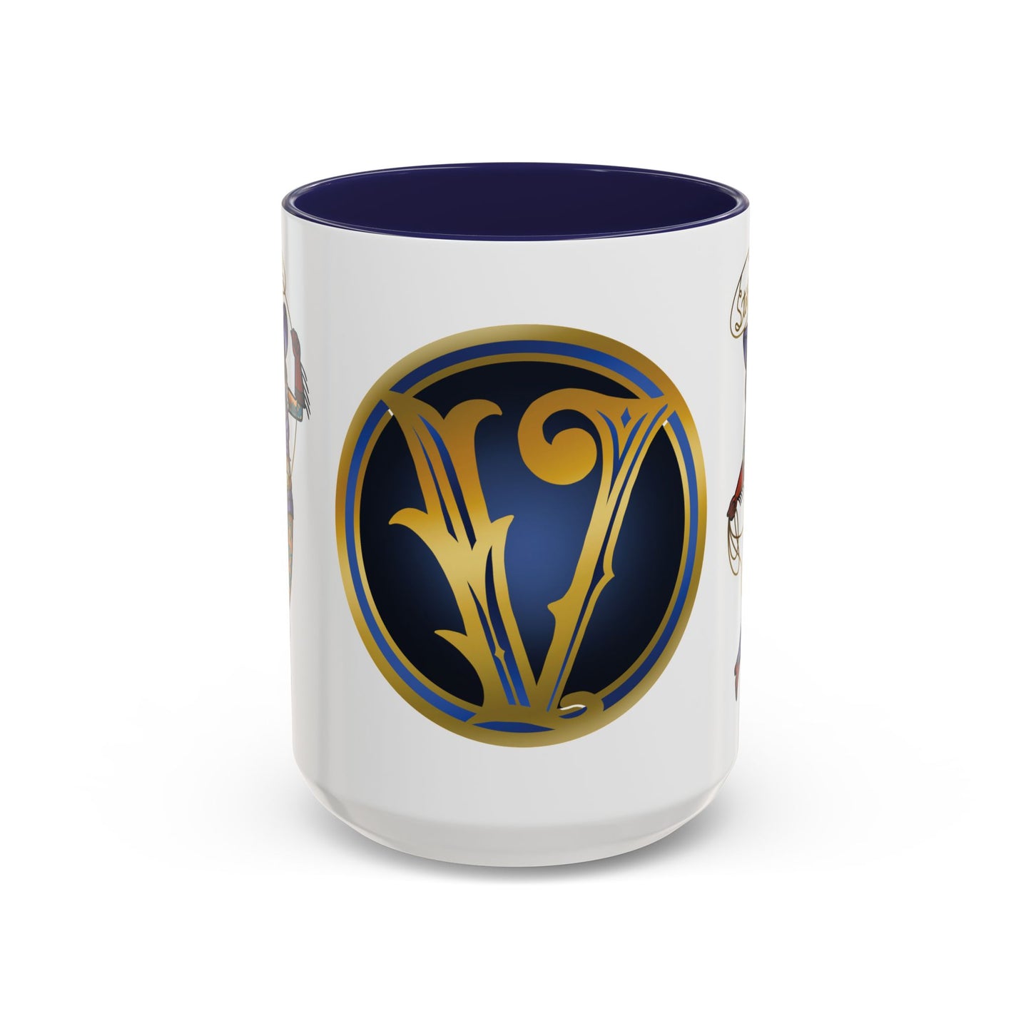 Accent Coffee Mug — Vintage Gold 'V' Monogram & Pin-Up Cowgirl Illustration (11oz/15oz)