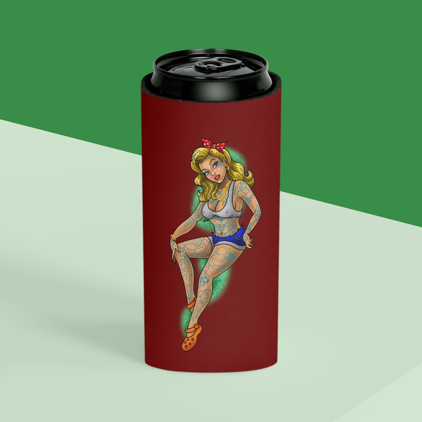 Tattoo Pin-Up Can Cooler – Retro Rockabilly Girl Beverage Koozie