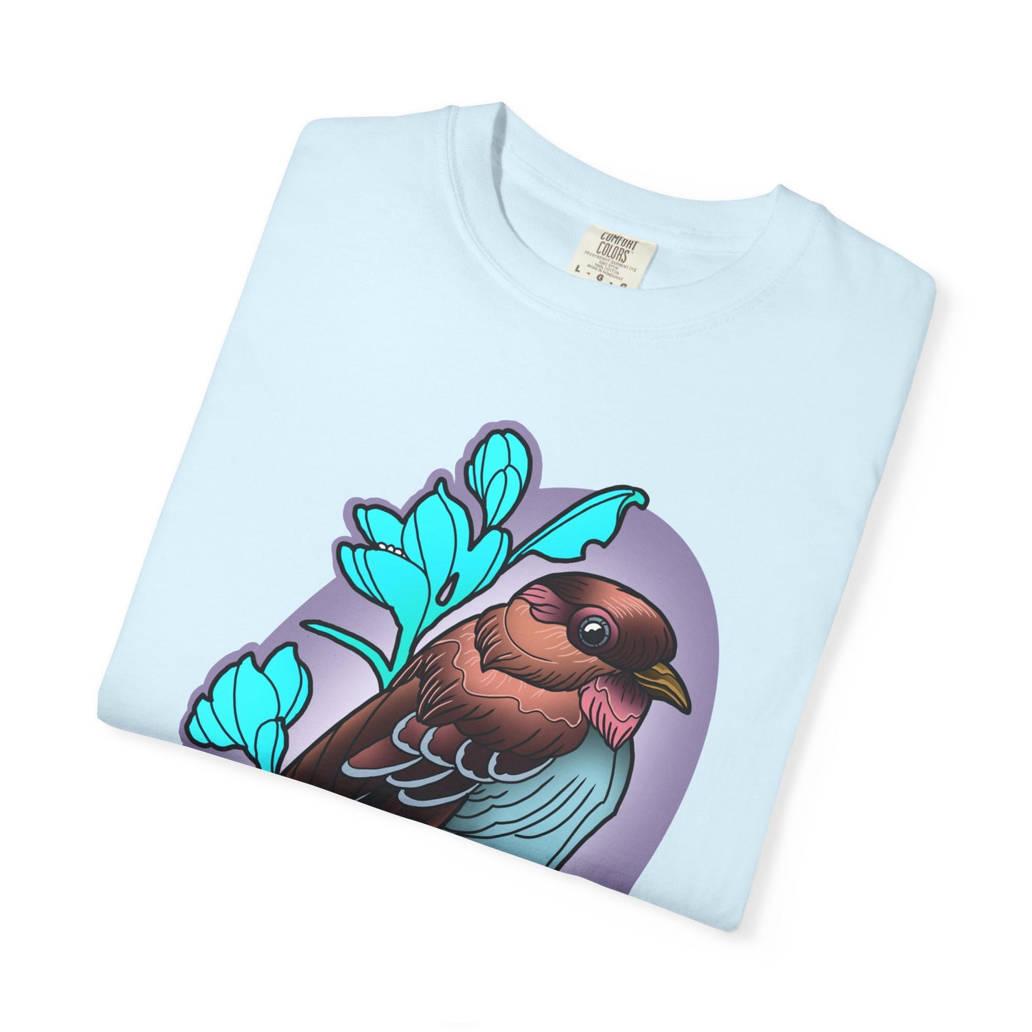 Bird Illustration T-Shirt — Colorful Sparrow on Floral Branch Tee
