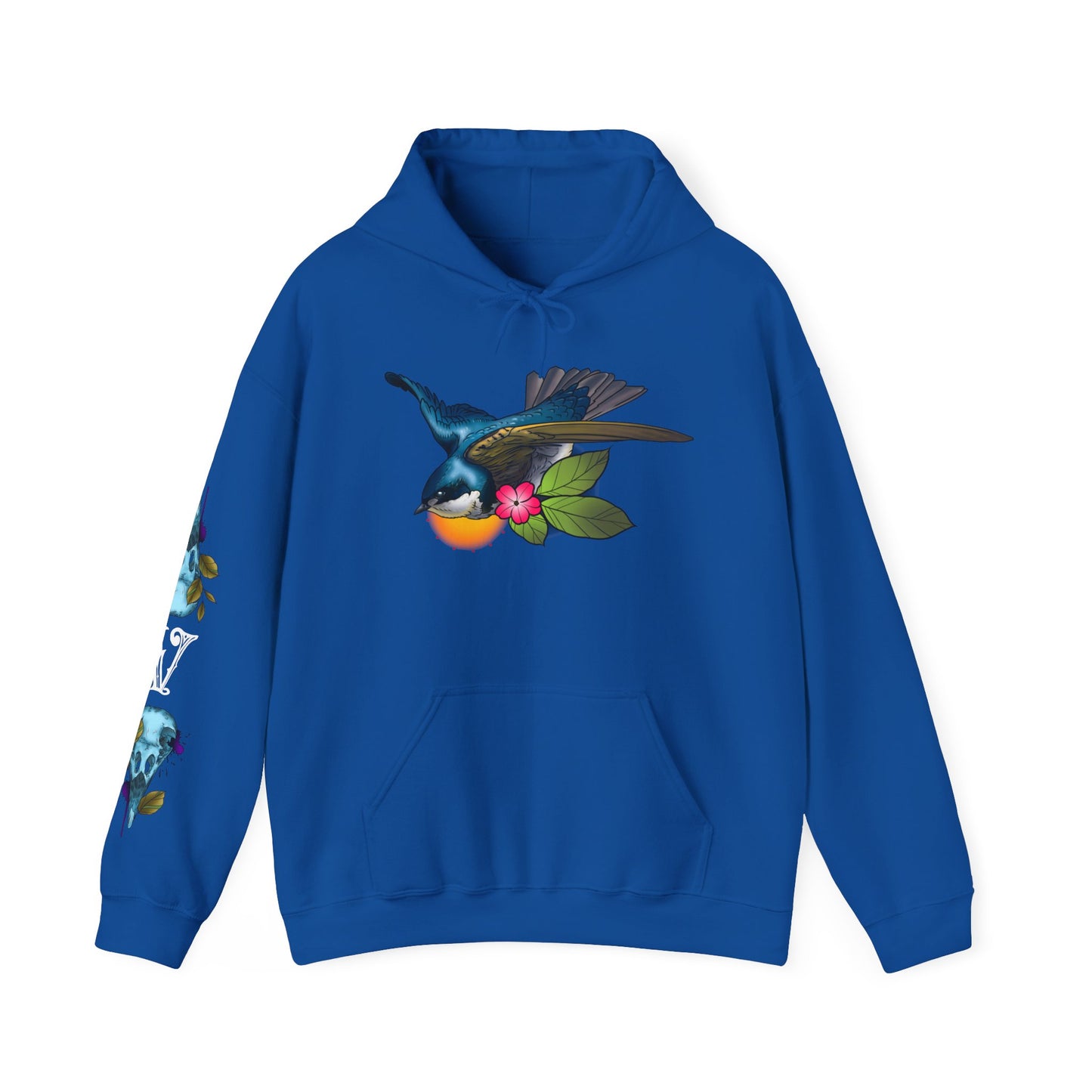 Swallow & Blossom Hoodie – Blue Bird Floral Graphic Sweatshirt