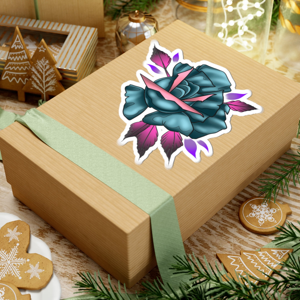 Teal Rose Kiss-Cut Sticker — Floral Tattoo-Style Laptop Decal