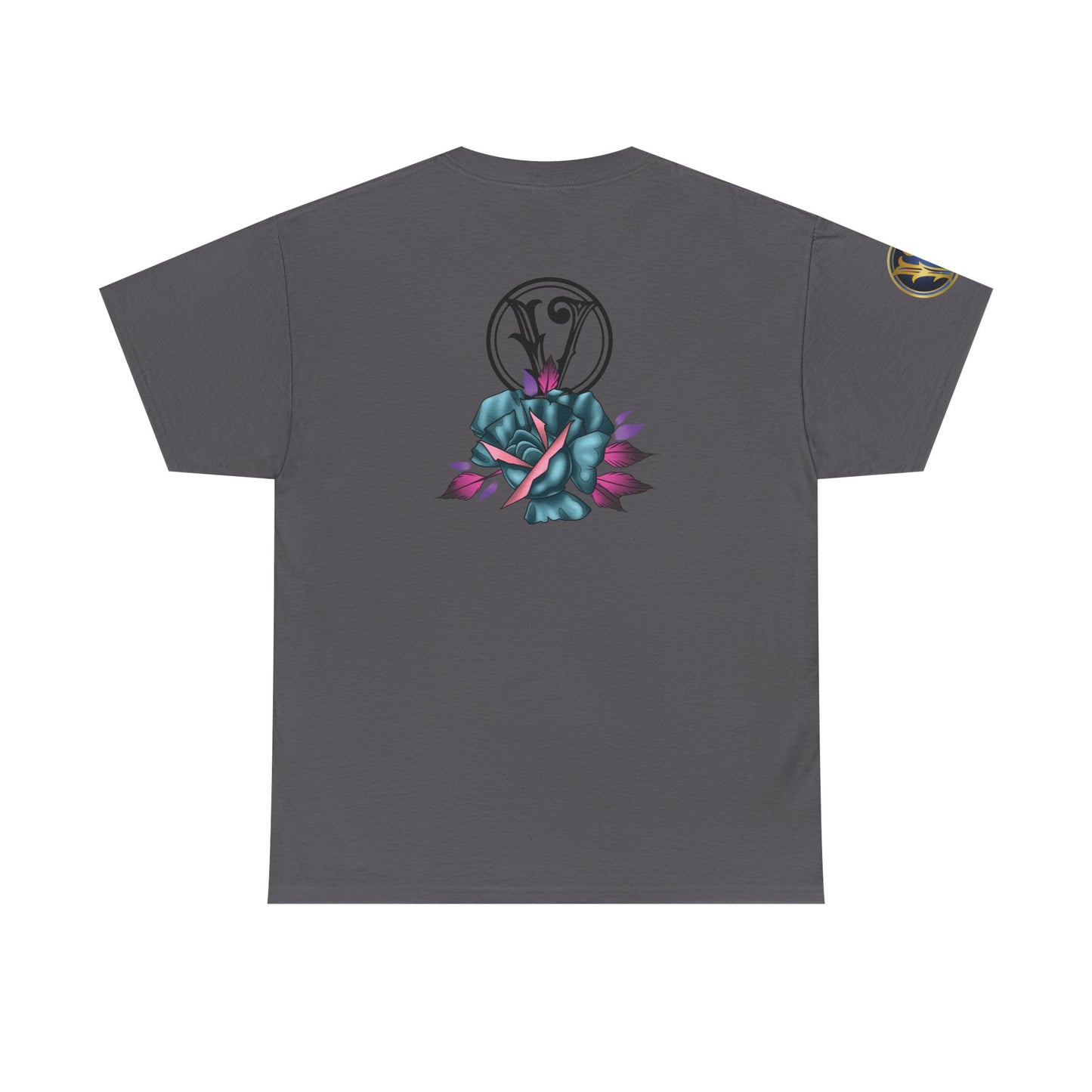Blue & Pink Rose Graphic Tee — Vintage Floral Tattoo Shirt