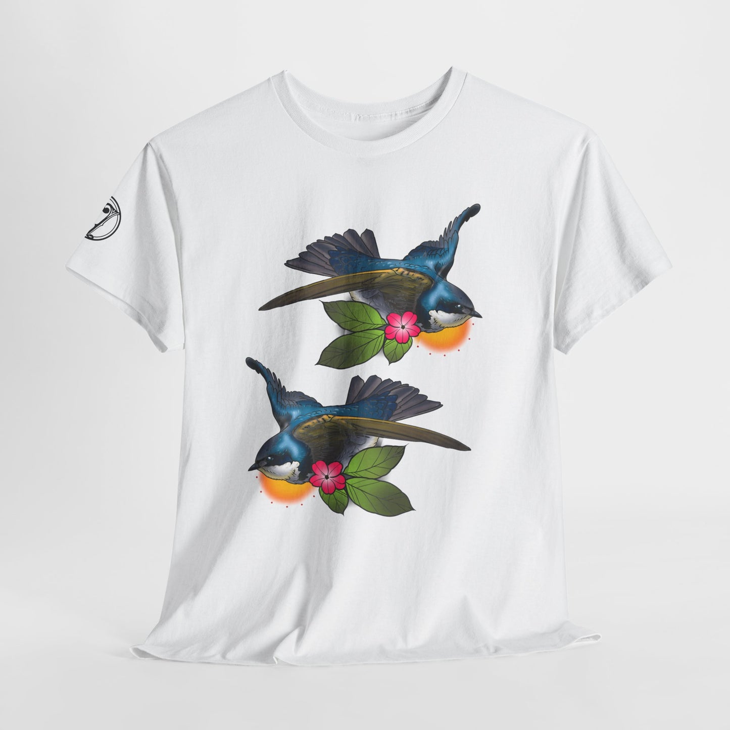 Bird Skull & Swallow Art Tee — Vibrant Blue Bird Illustration T-Shirt