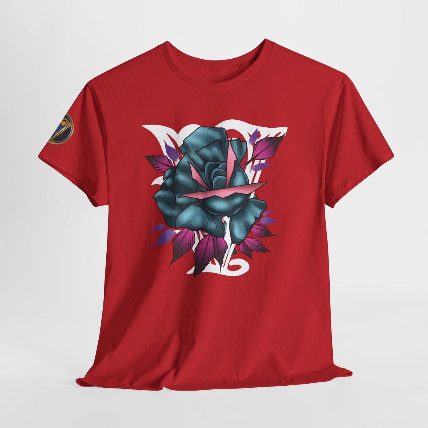 Blue & Pink Rose Graphic Tee — Vintage Floral Tattoo Shirt