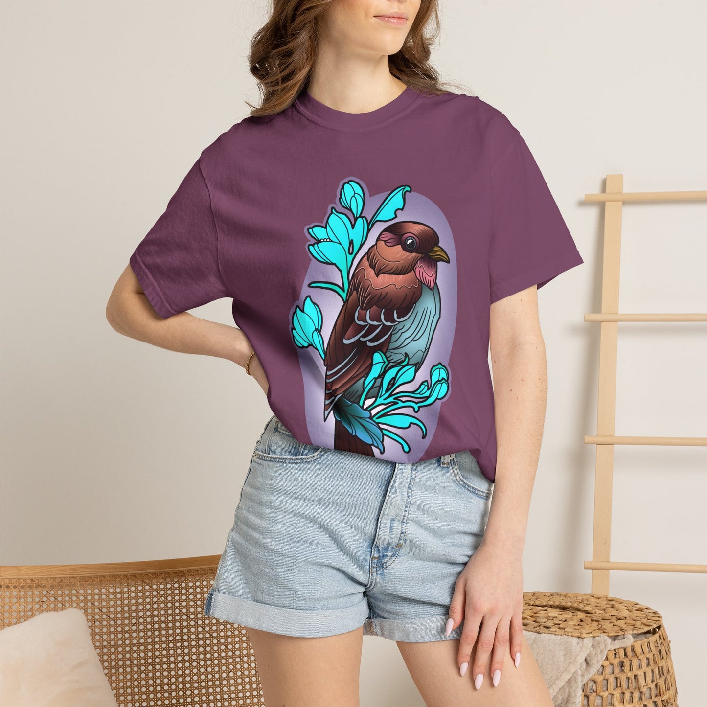 Bird Illustration T-Shirt — Colorful Sparrow on Floral Branch Tee