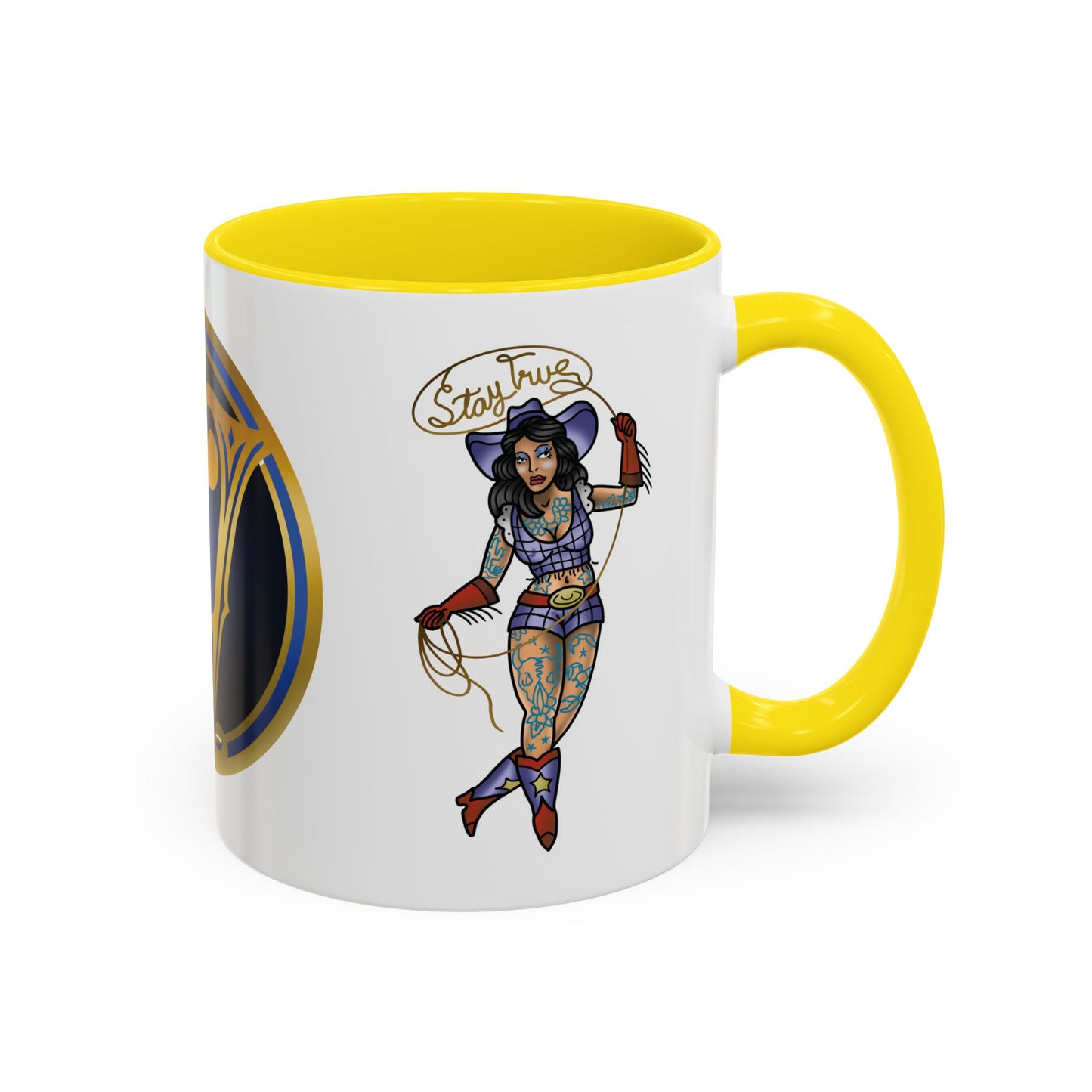 Accent Coffee Mug — Vintage Gold 'V' Monogram & Pin-Up Cowgirl Illustration (11oz/15oz)