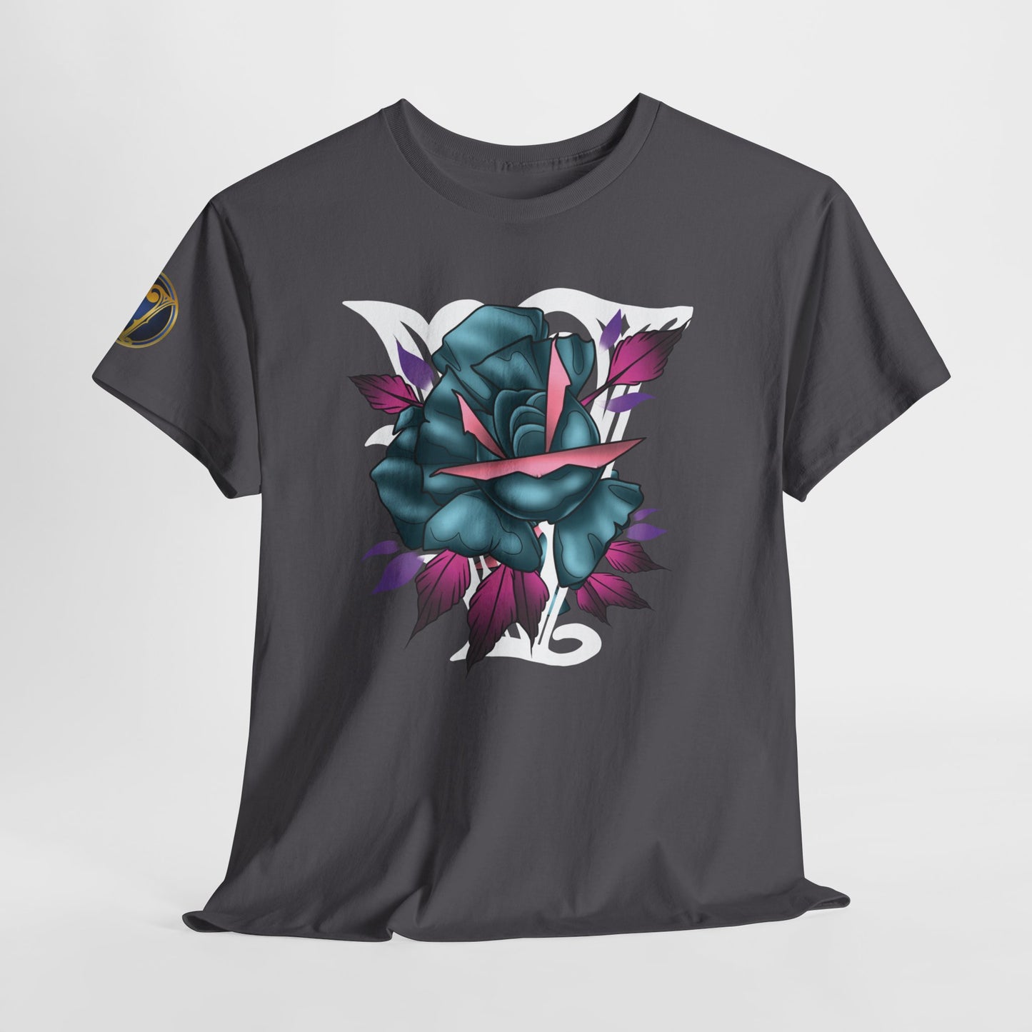 Blue & Pink Rose Graphic Tee — Vintage Floral Tattoo Shirt