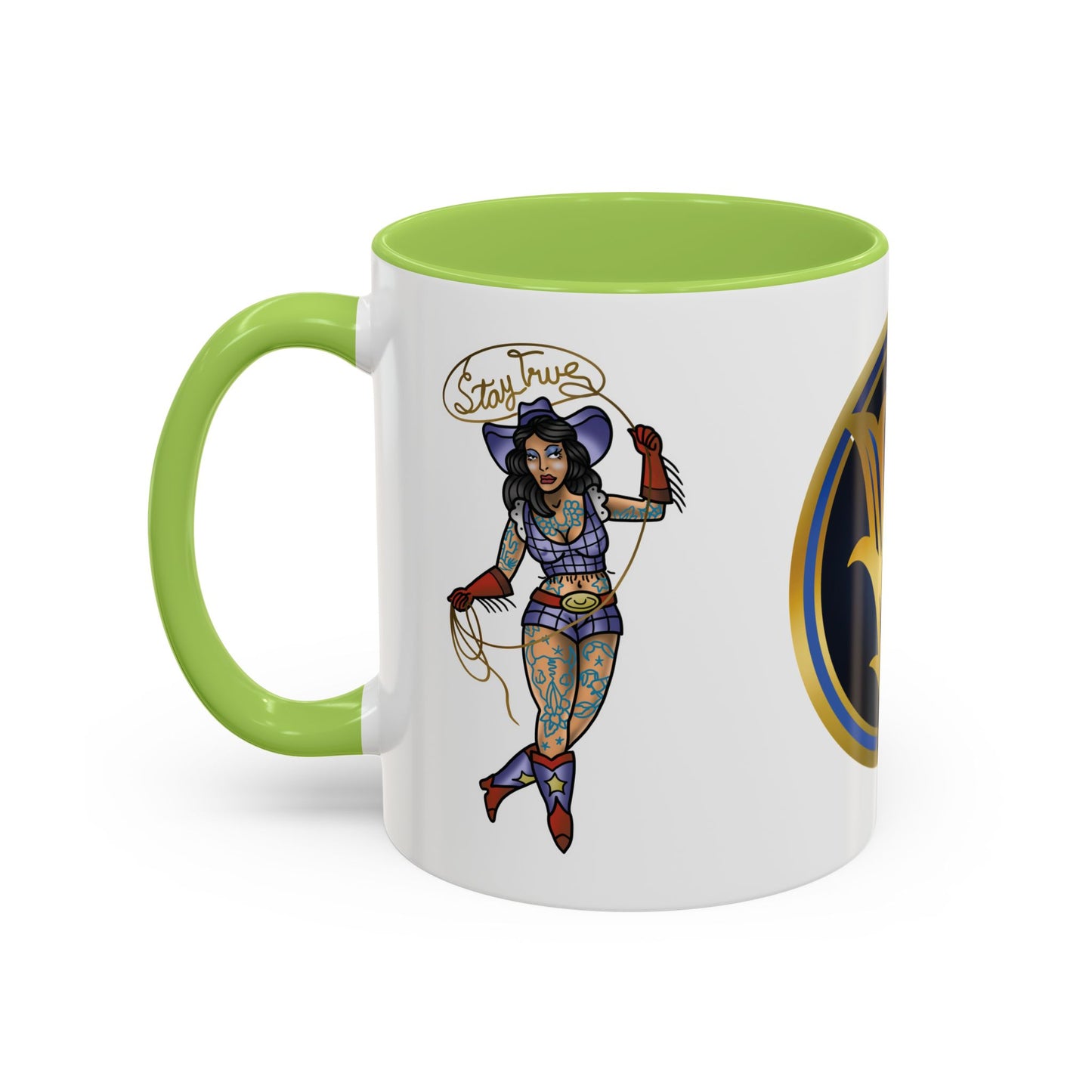 Accent Coffee Mug — Vintage Gold 'V' Monogram & Pin-Up Cowgirl Illustration (11oz/15oz)