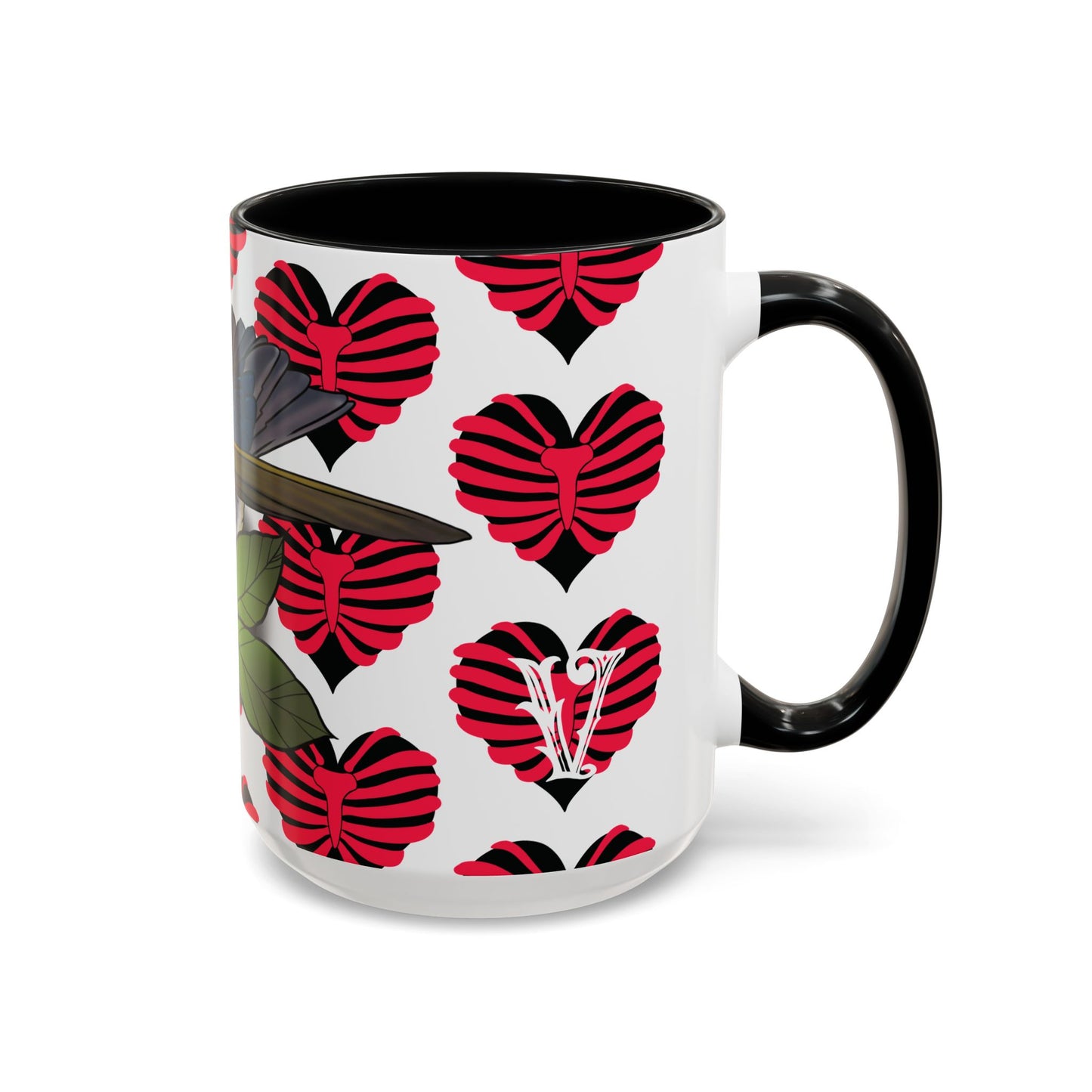 Bird & Hearts Accent Coffee Mug – Colorful Songbird Pattern (11/15oz)