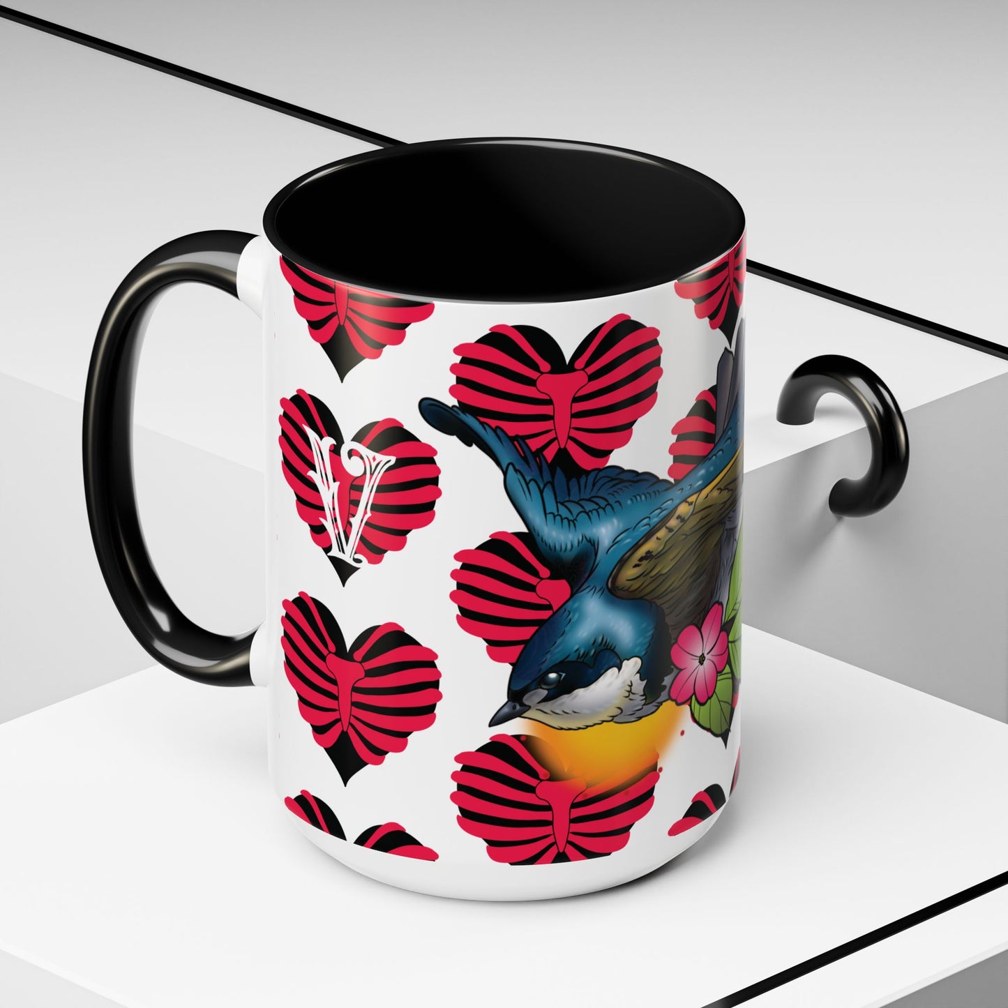 Bird & Hearts Accent Coffee Mug – Colorful Songbird Pattern (11/15oz)