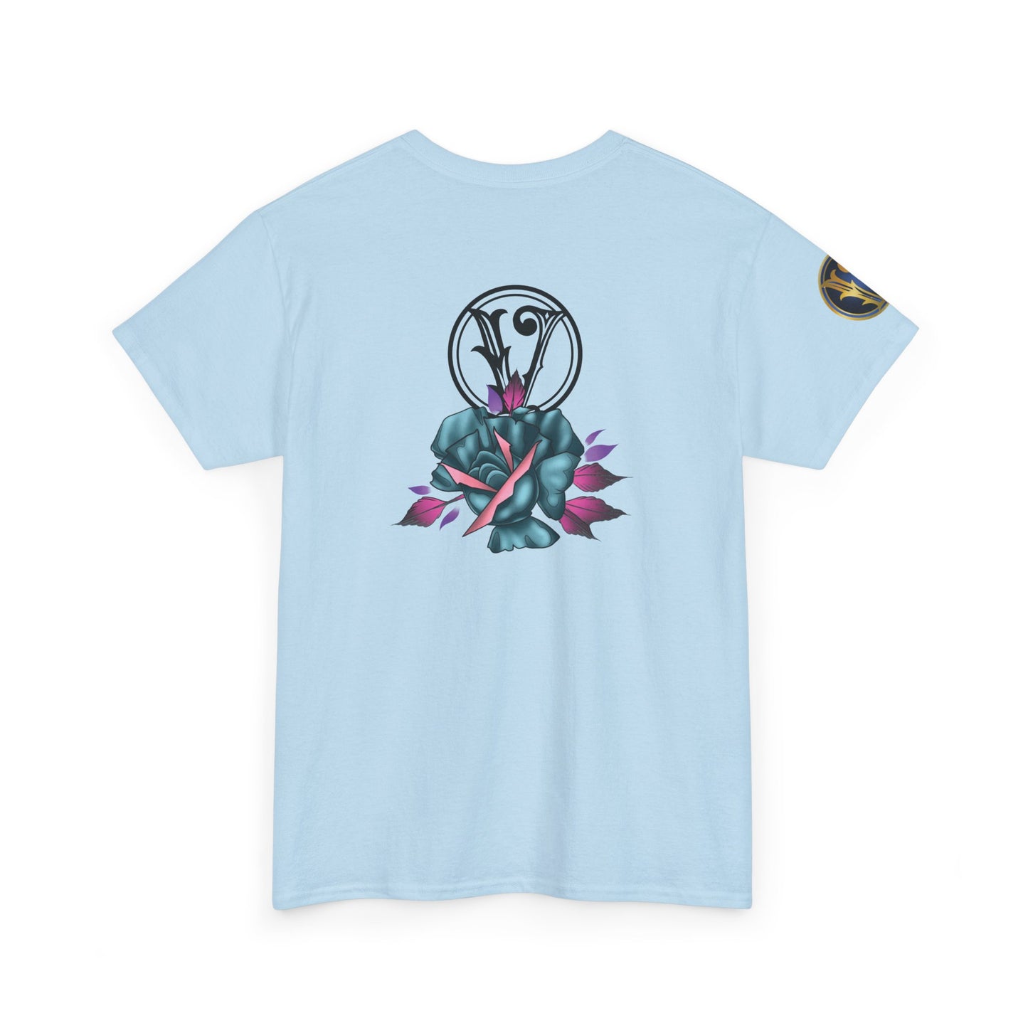 Blue & Pink Rose Graphic Tee — Vintage Floral Tattoo Shirt
