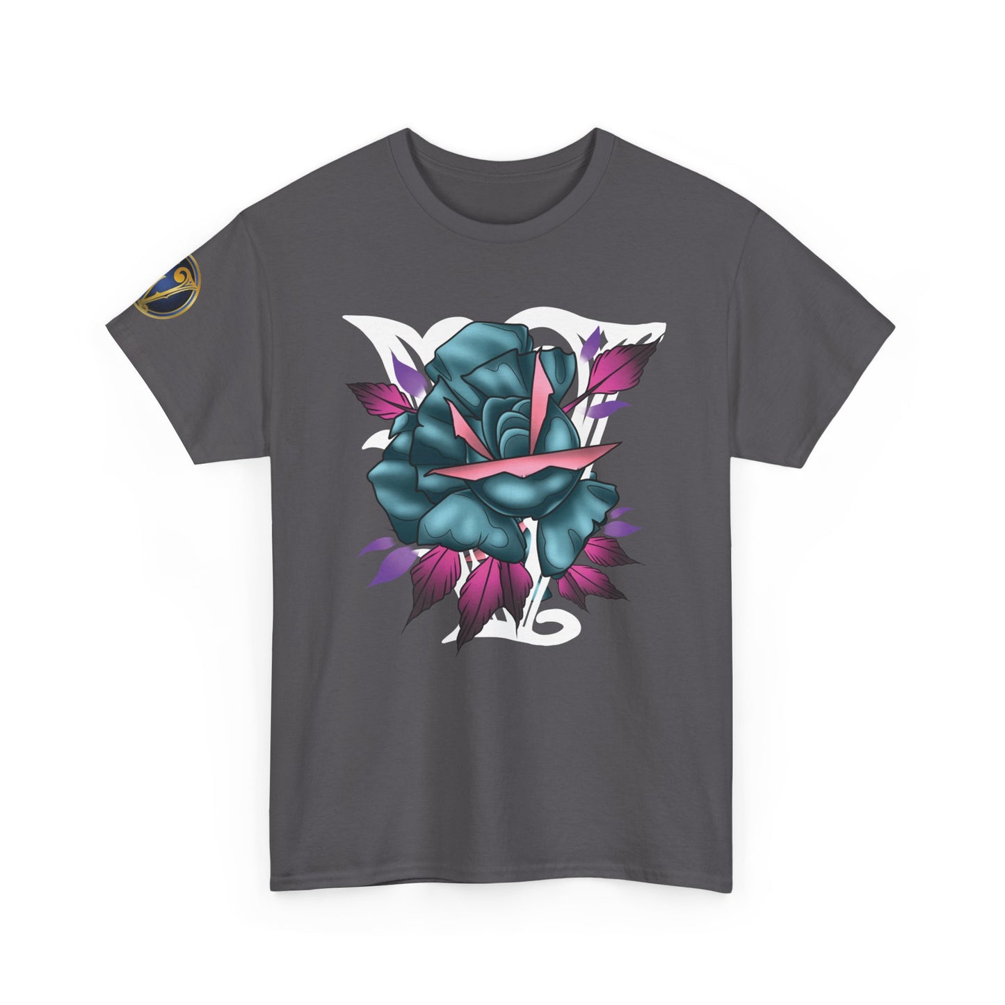 Blue & Pink Rose Graphic Tee — Vintage Floral Tattoo Shirt