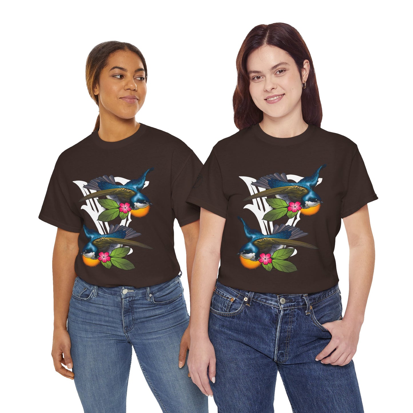 Bird Skull & Swallow Art Tee — Vibrant Blue Bird Illustration T-Shirt