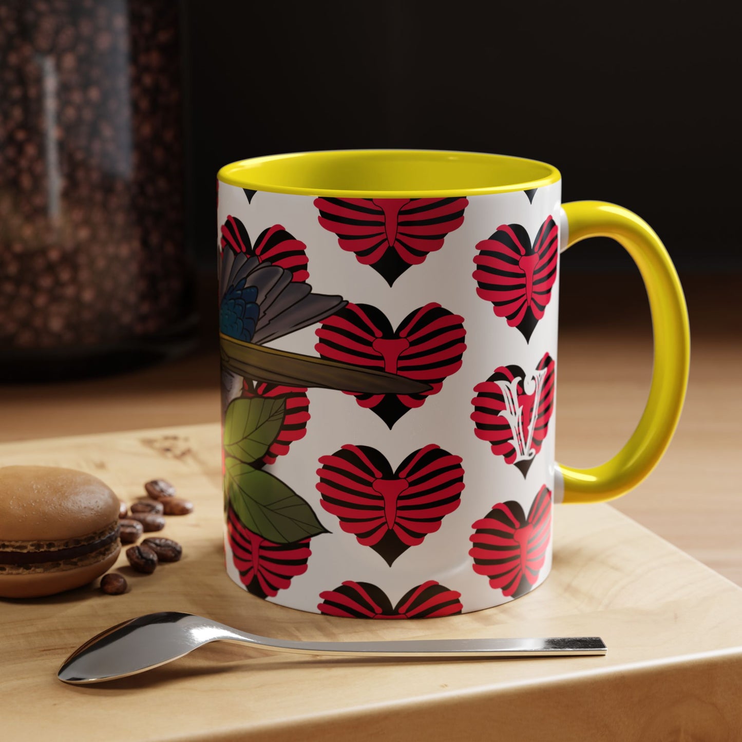 Bird & Hearts Accent Coffee Mug – Colorful Songbird Pattern (11/15oz)