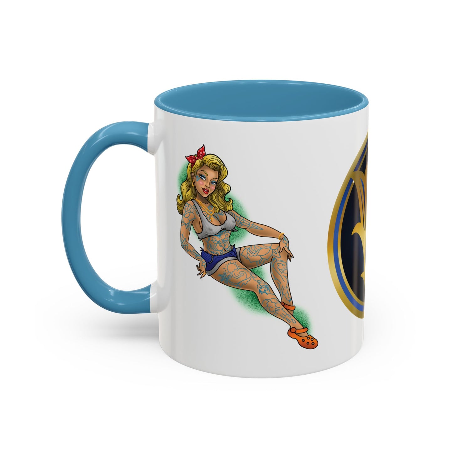 Vintage Pin-Up Coffee Mug with Gold Monogram V — Retro Tattoo Style Accent Mug (11/15oz)