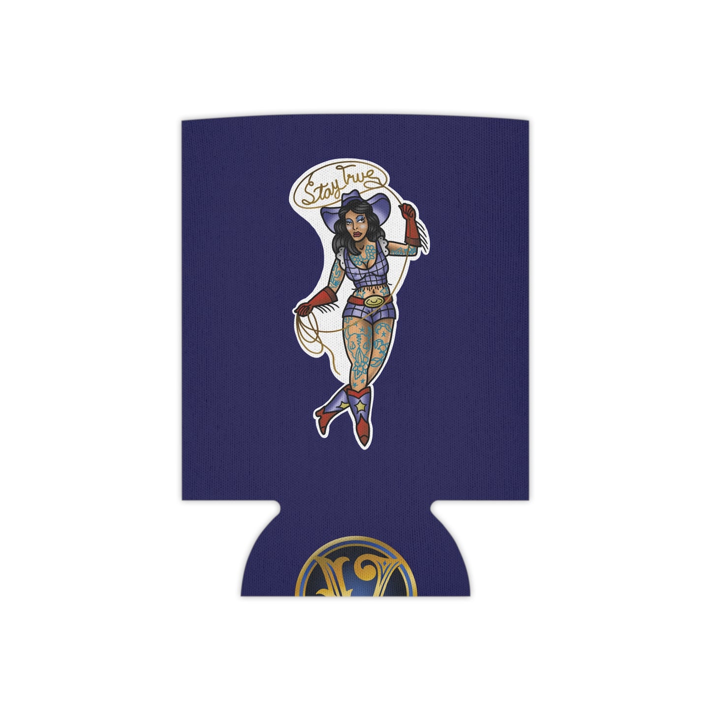 Can Cooler — Retro Tattoo Pinup Girl Design "Stay True"