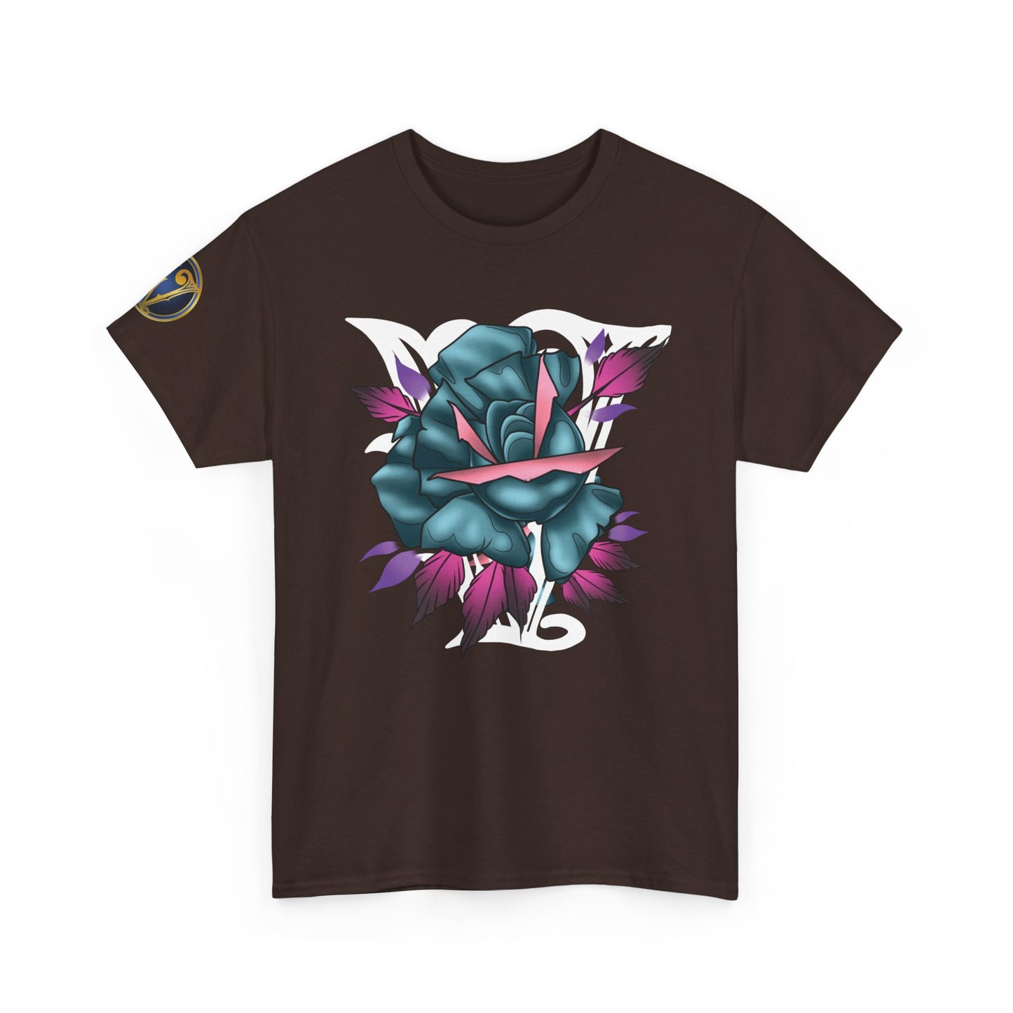 Blue & Pink Rose Graphic Tee — Vintage Floral Tattoo Shirt