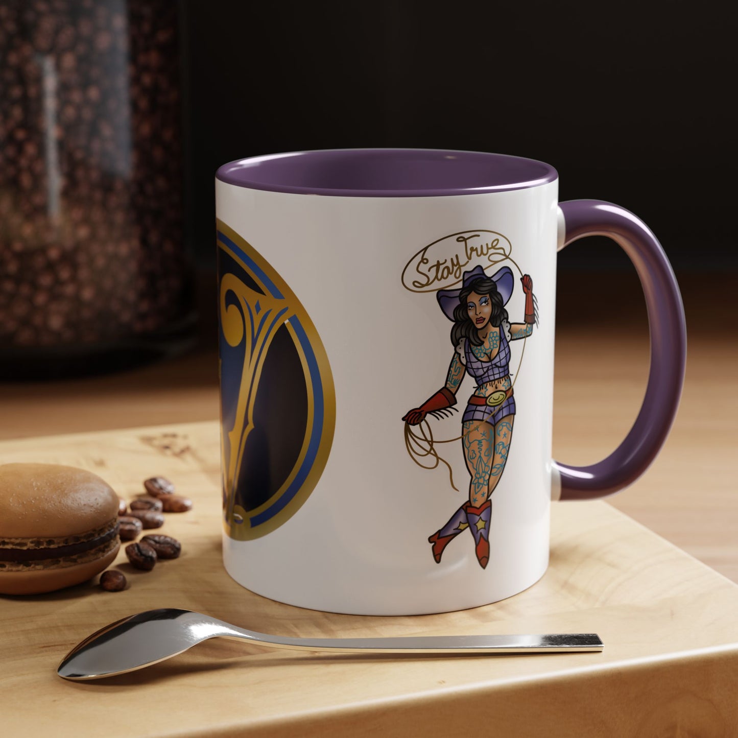 Accent Coffee Mug — Vintage Gold 'V' Monogram & Pin-Up Cowgirl Illustration (11oz/15oz)