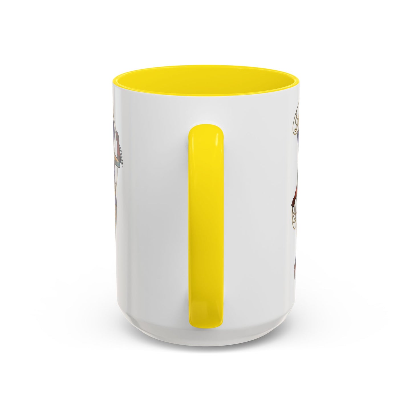 Accent Coffee Mug — Vintage Gold 'V' Monogram & Pin-Up Cowgirl Illustration (11oz/15oz)
