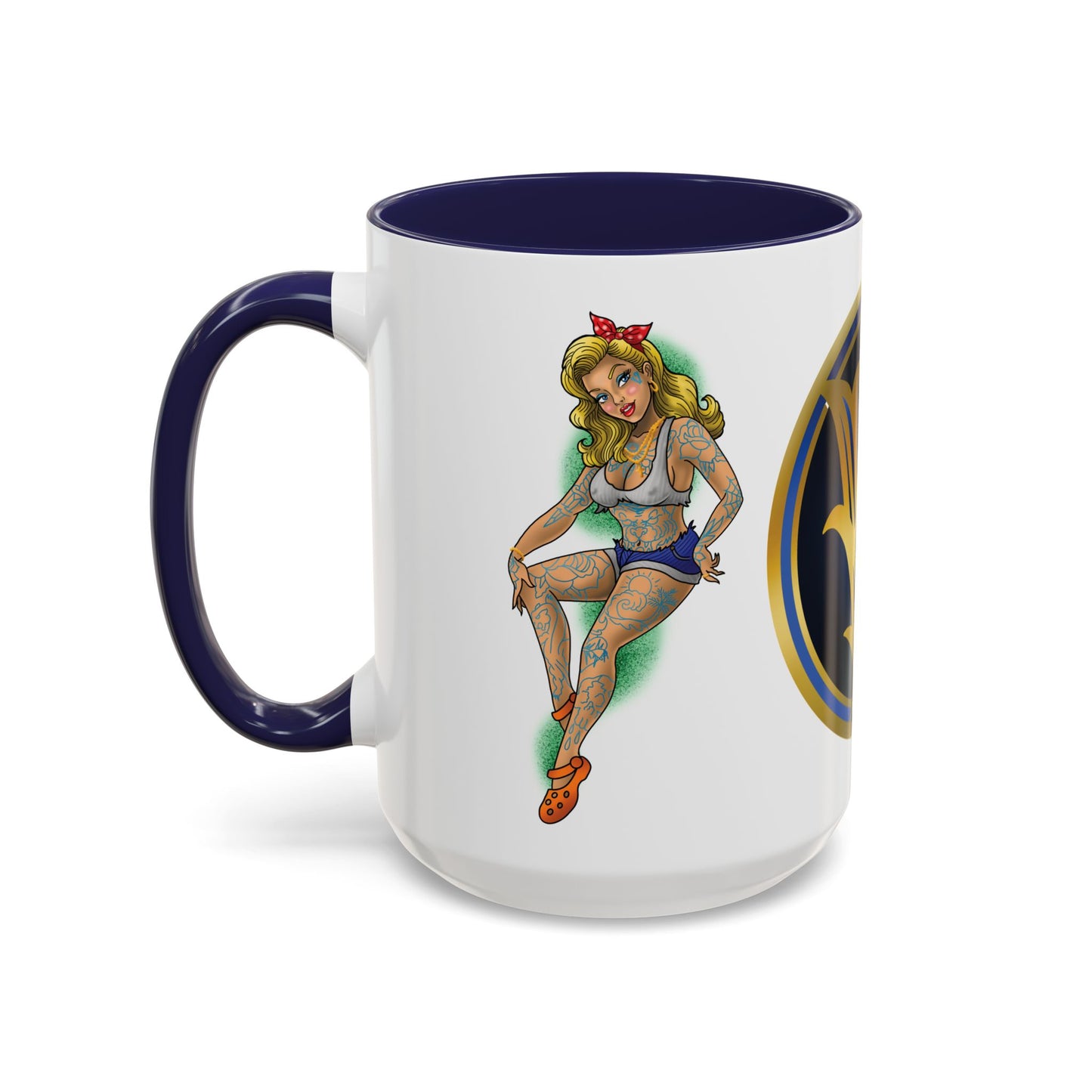 Vintage Pin-Up Coffee Mug with Gold Monogram V — Retro Tattoo Style Accent Mug (11/15oz)