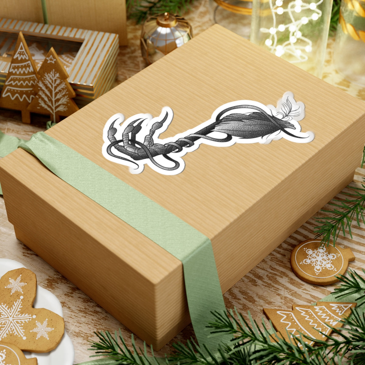 Gothic Claw & Feather Kiss-Cut Sticker — Dark Botanical Laptop Decal