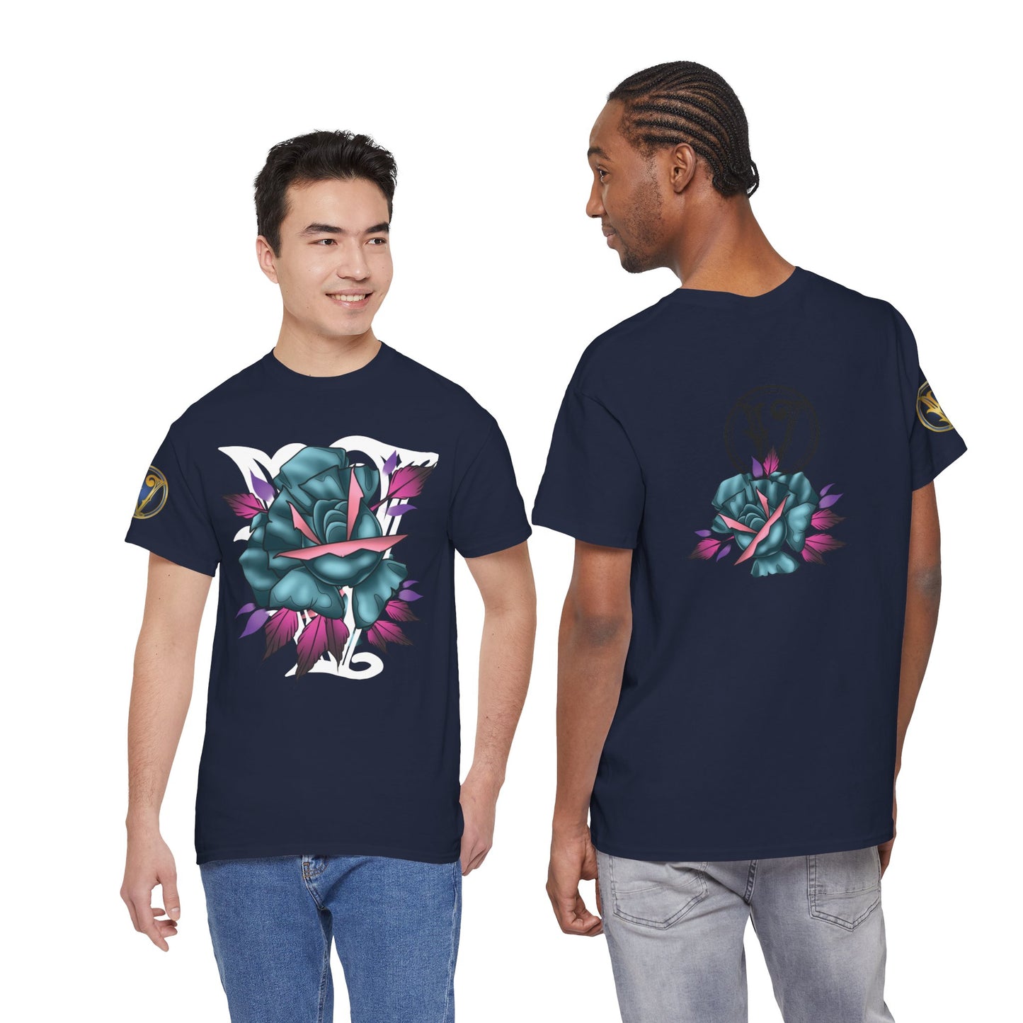 Blue & Pink Rose Graphic Tee — Vintage Floral Tattoo Shirt