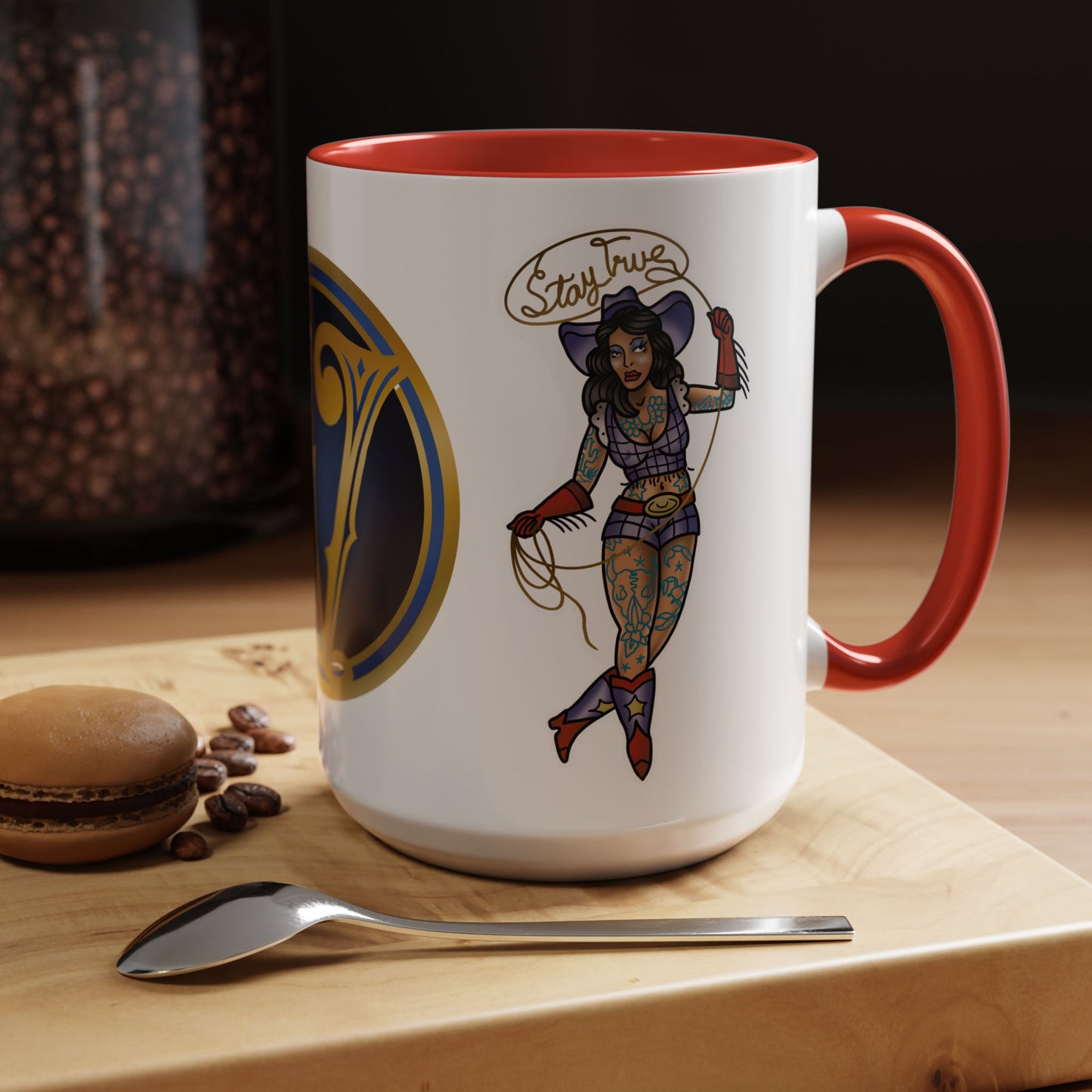Accent Coffee Mug — Vintage Gold 'V' Monogram & Pin-Up Cowgirl Illustration (11oz/15oz)