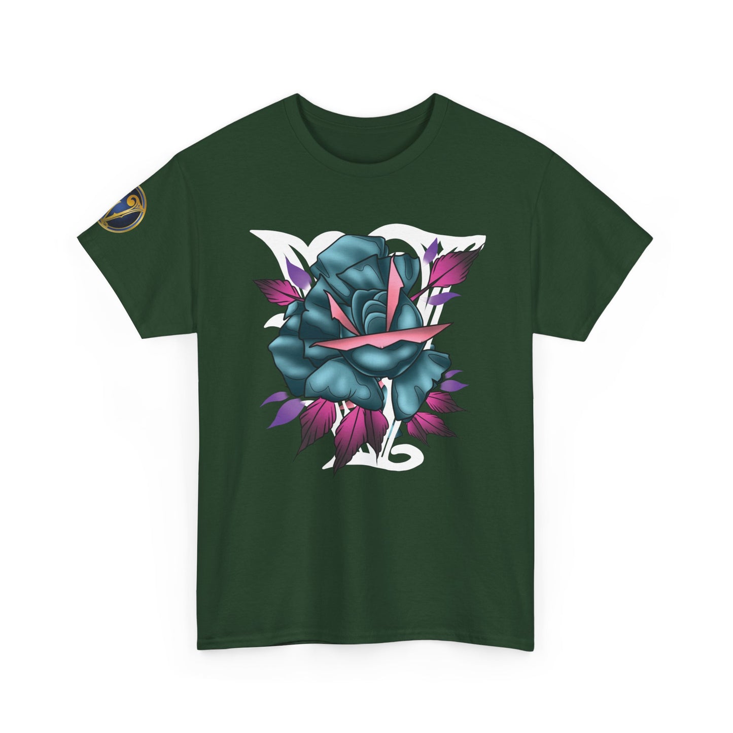Blue & Pink Rose Graphic Tee — Vintage Floral Tattoo Shirt