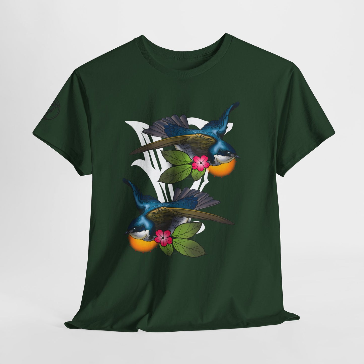 Bird Skull & Swallow Art Tee — Vibrant Blue Bird Illustration T-Shirt