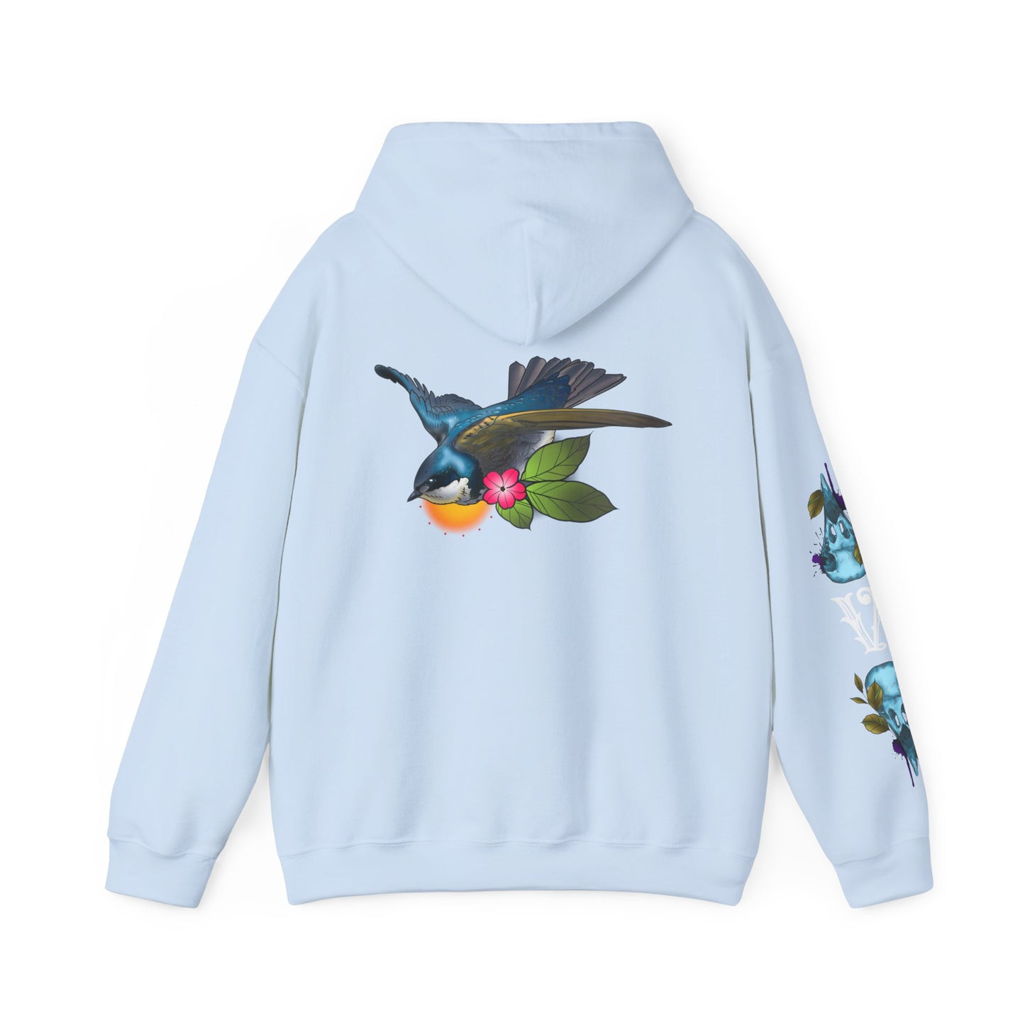 Swallow & Blossom Hoodie – Blue Bird Floral Graphic Sweatshirt