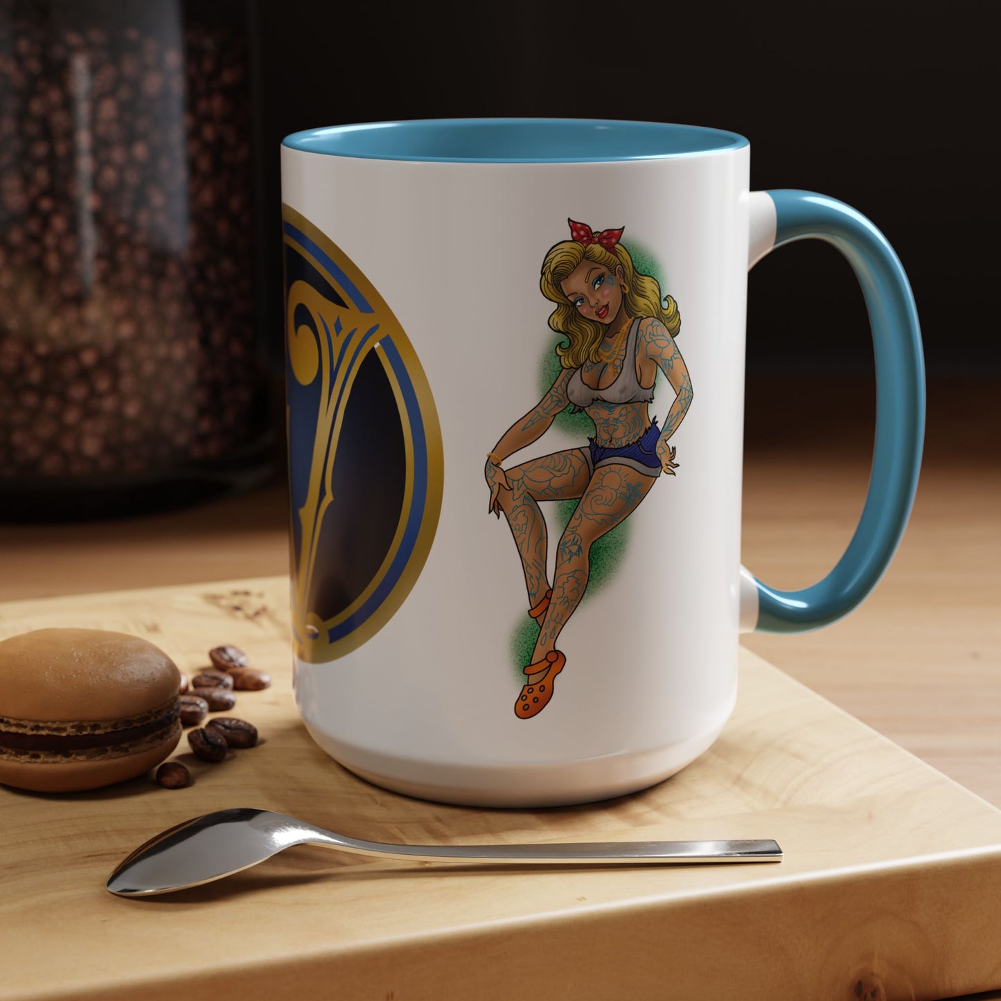 Vintage Pin-Up Coffee Mug with Gold Monogram V — Retro Tattoo Style Accent Mug (11/15oz)