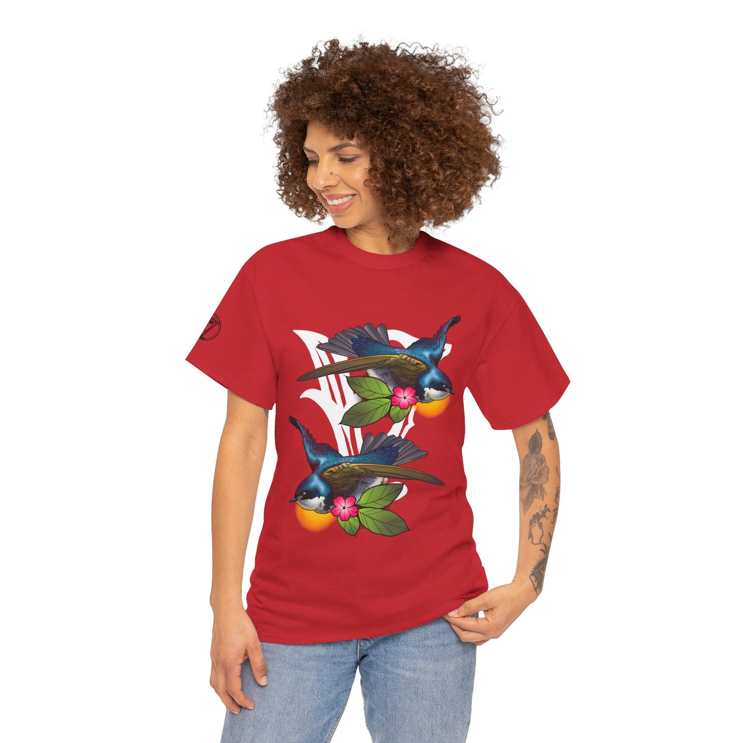 Bird Skull & Swallow Art Tee — Vibrant Blue Bird Illustration T-Shirt
