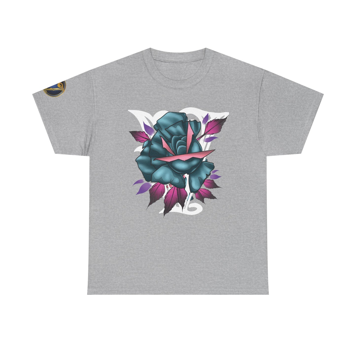 Blue & Pink Rose Graphic Tee — Vintage Floral Tattoo Shirt