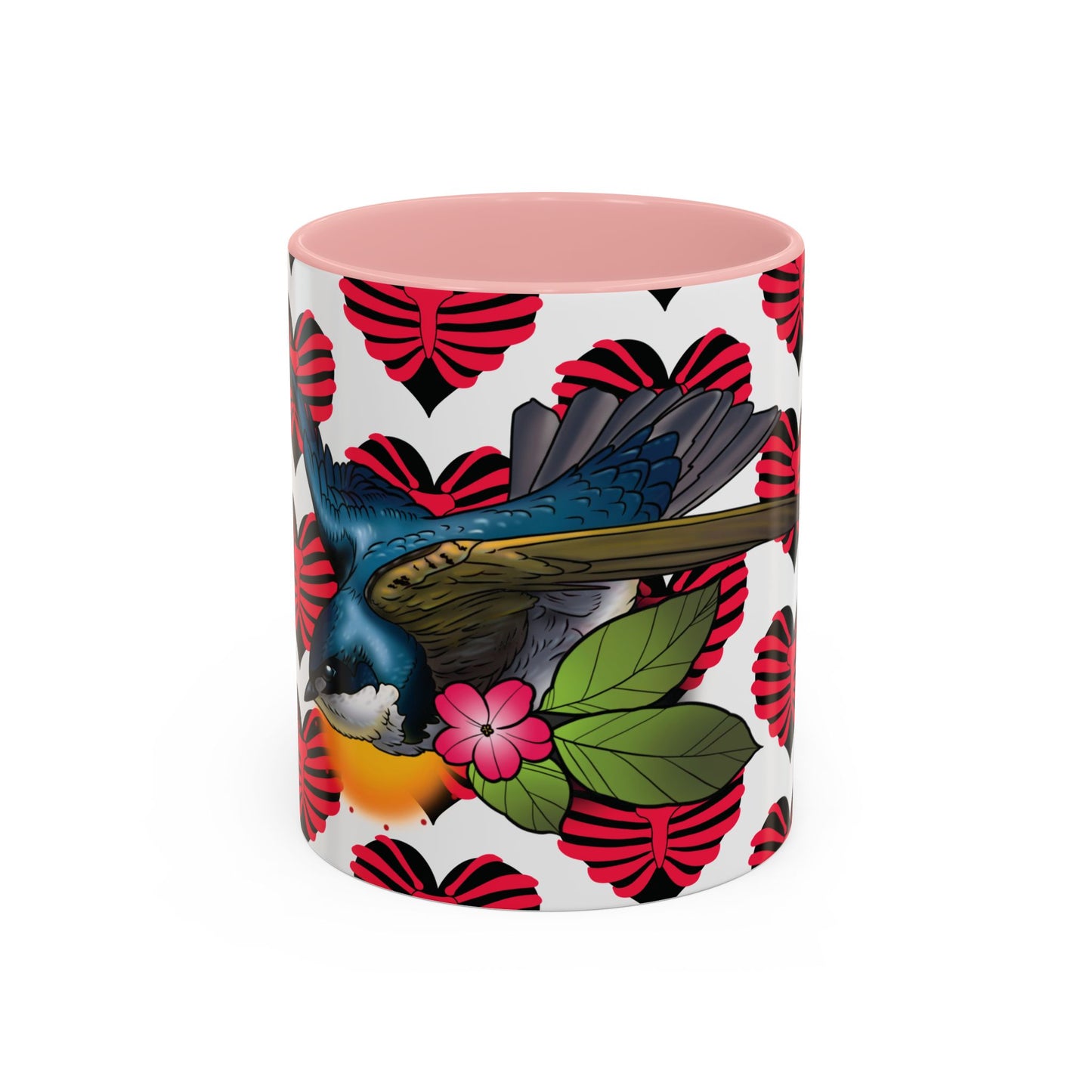 Bird & Hearts Accent Coffee Mug – Colorful Songbird Pattern (11/15oz)