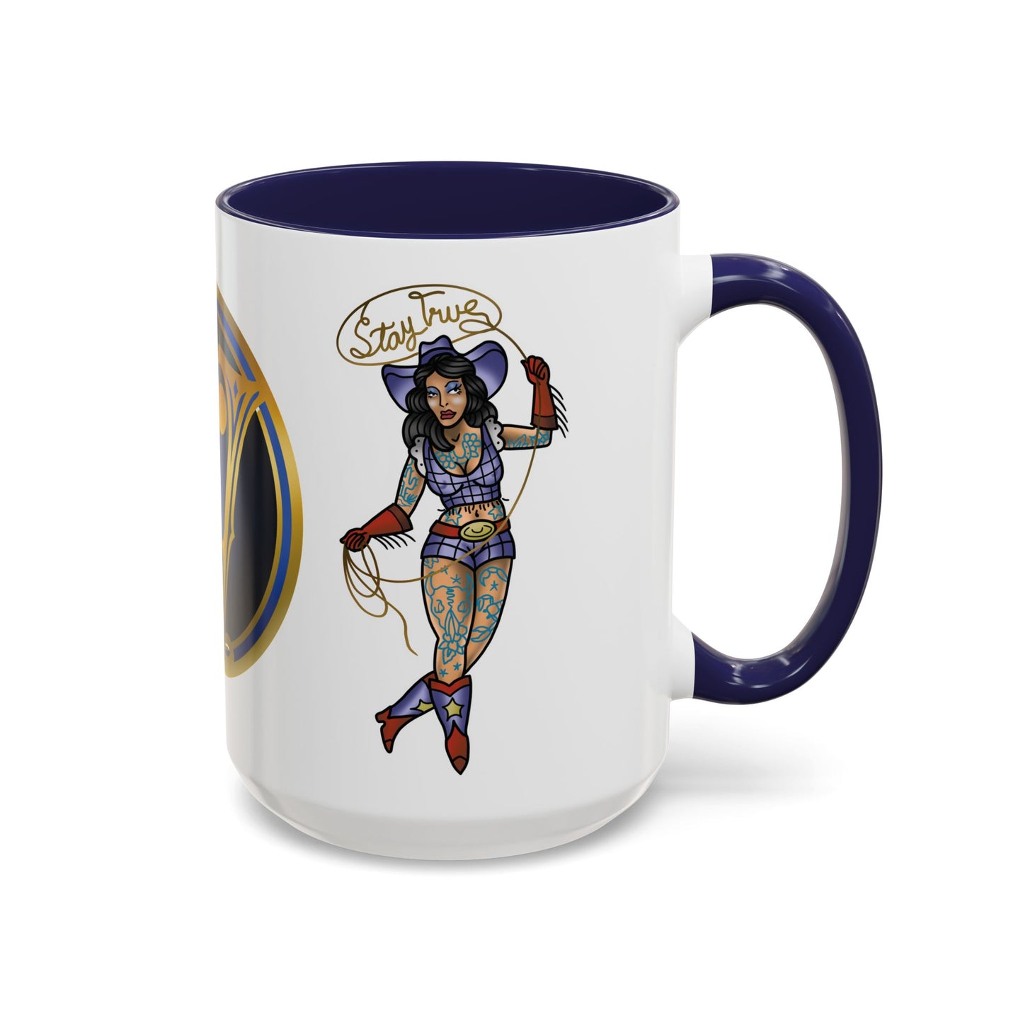 Accent Coffee Mug — Vintage Gold 'V' Monogram & Pin-Up Cowgirl Illustration (11oz/15oz)