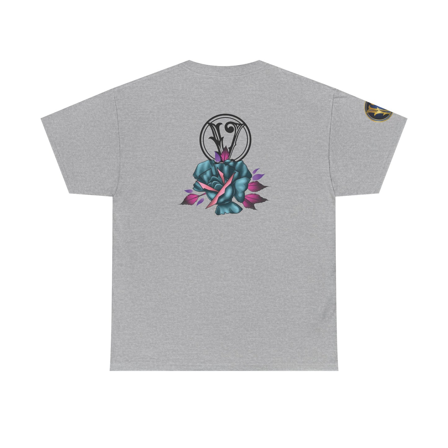 Blue & Pink Rose Graphic Tee — Vintage Floral Tattoo Shirt
