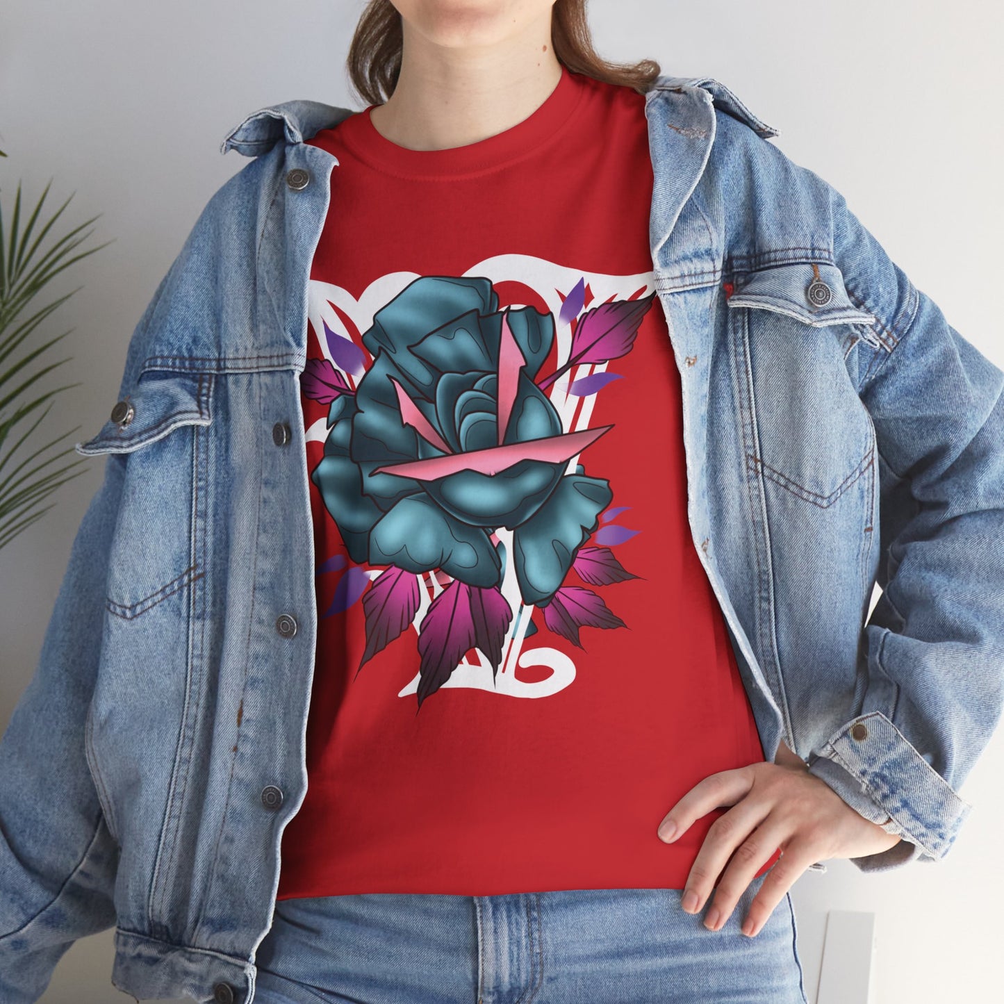 Blue & Pink Rose Graphic Tee — Vintage Floral Tattoo Shirt