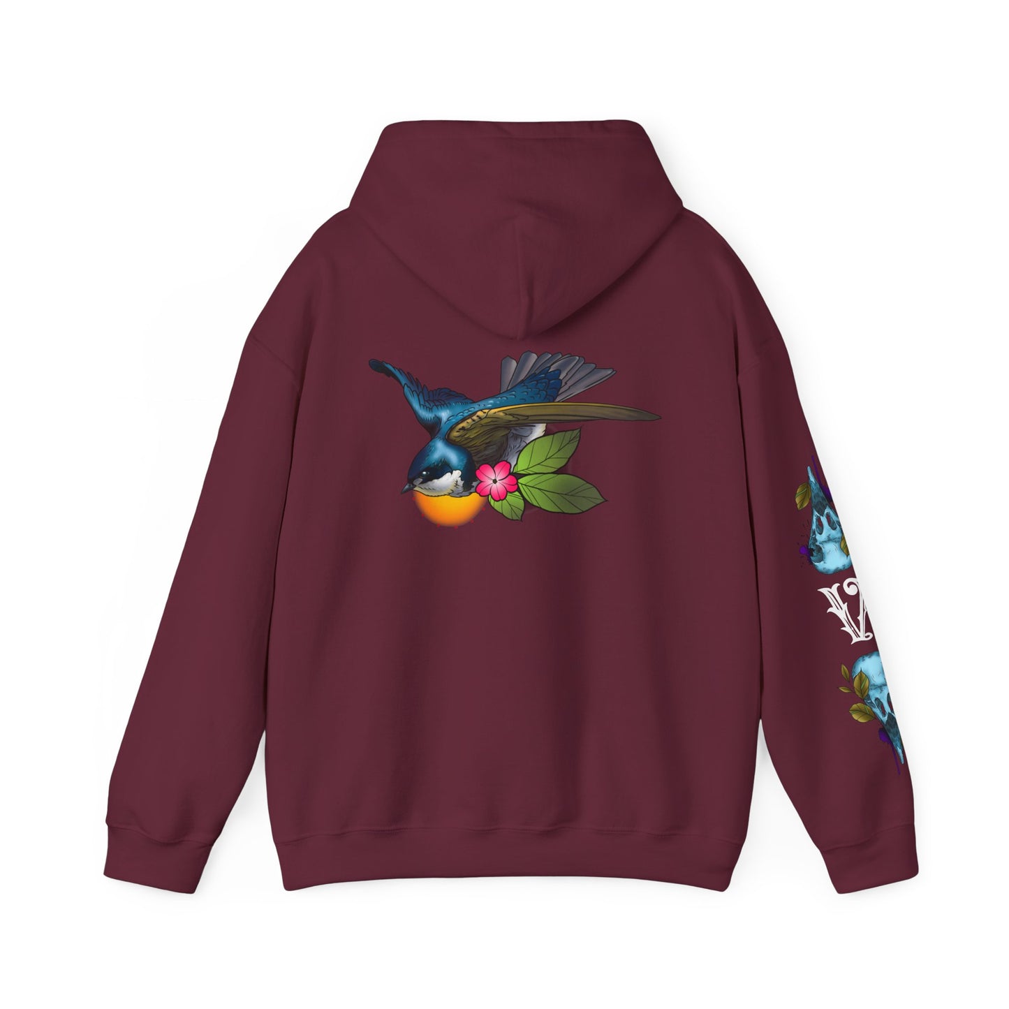 Swallow & Blossom Hoodie – Blue Bird Floral Graphic Sweatshirt
