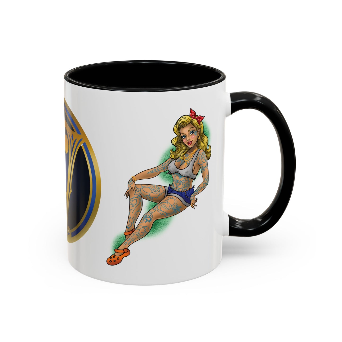 Vintage Pin-Up Coffee Mug with Gold Monogram V — Retro Tattoo Style Accent Mug (11/15oz)