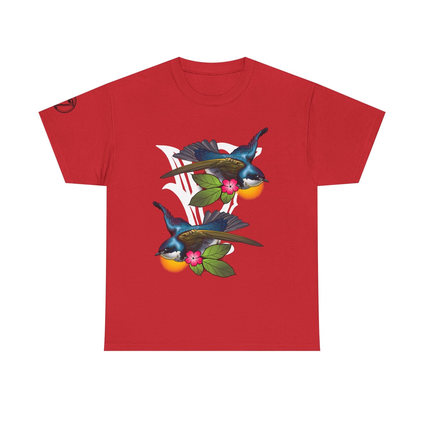 Bird Skull & Swallow Art Tee — Vibrant Blue Bird Illustration T-Shirt