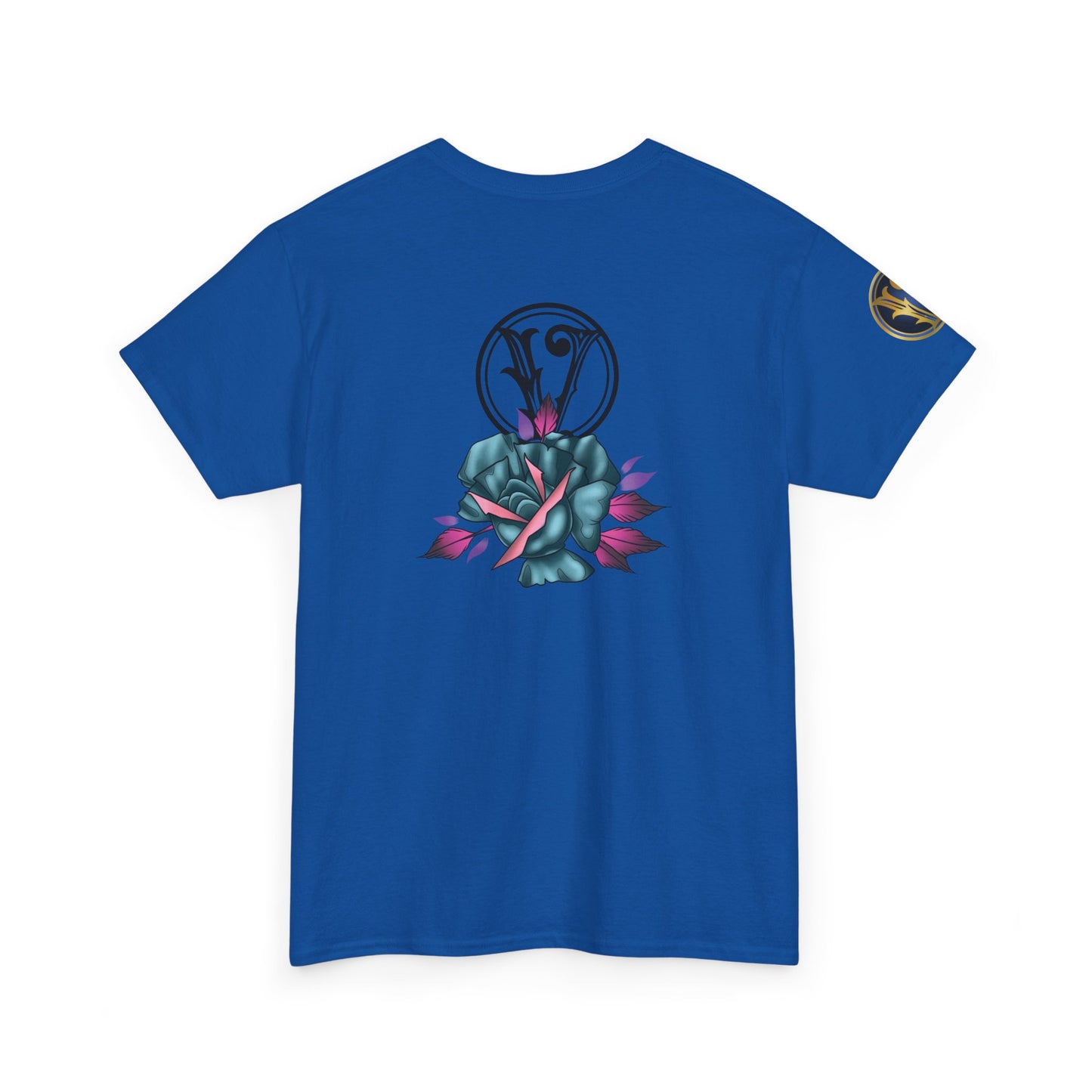 Blue & Pink Rose Graphic Tee — Vintage Floral Tattoo Shirt
