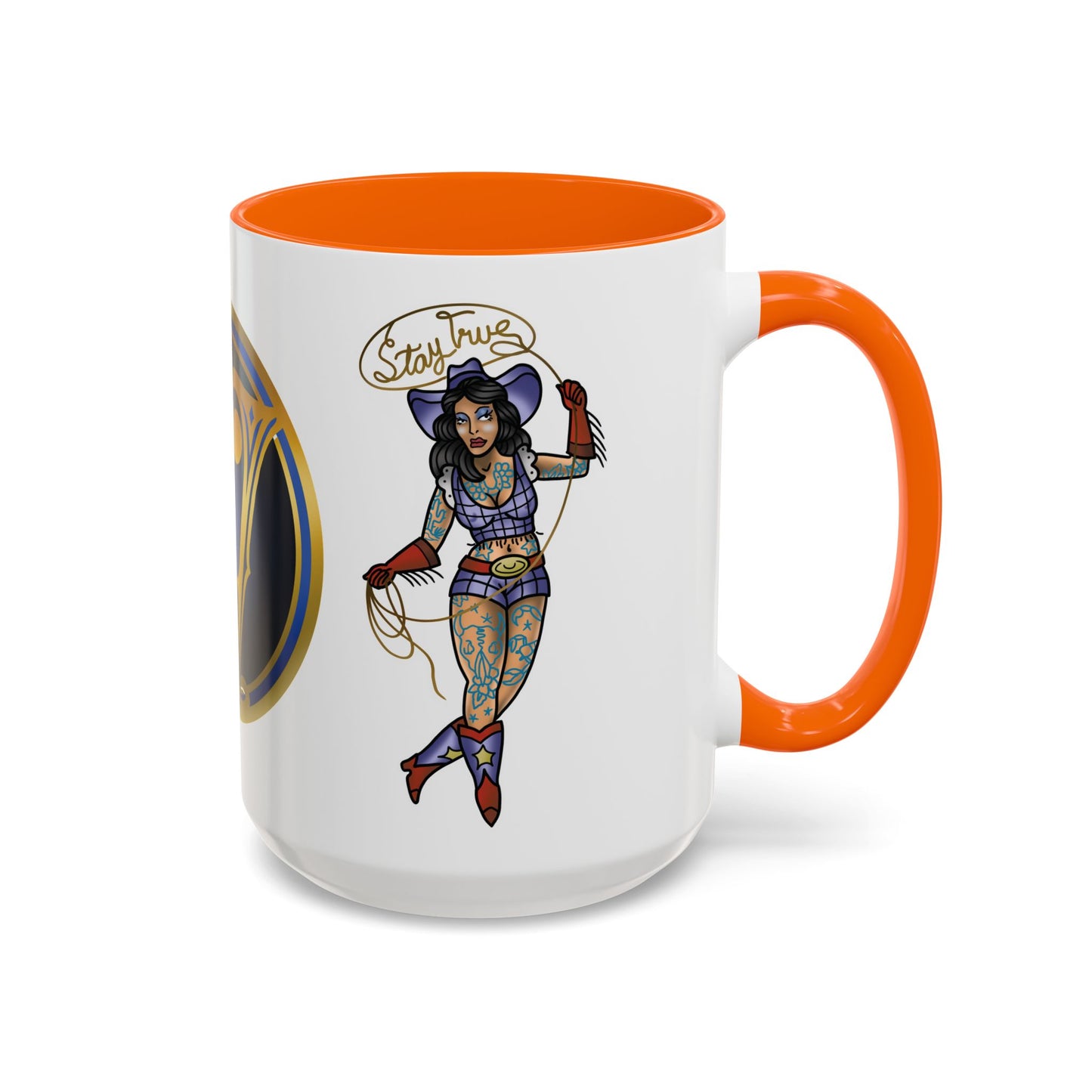 Accent Coffee Mug — Vintage Gold 'V' Monogram & Pin-Up Cowgirl Illustration (11oz/15oz)