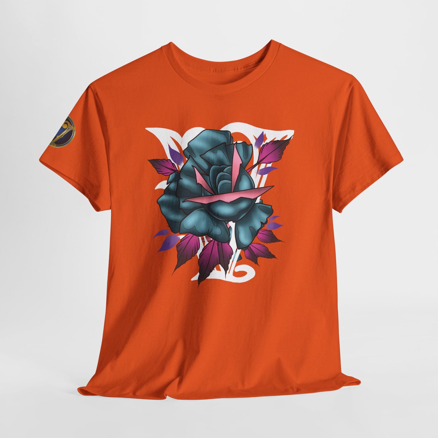 Blue & Pink Rose Graphic Tee — Vintage Floral Tattoo Shirt