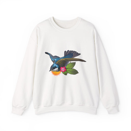 Swallow & Hibiscus Crewneck Sweatshirt — Tropical Bird Graphic Pullover