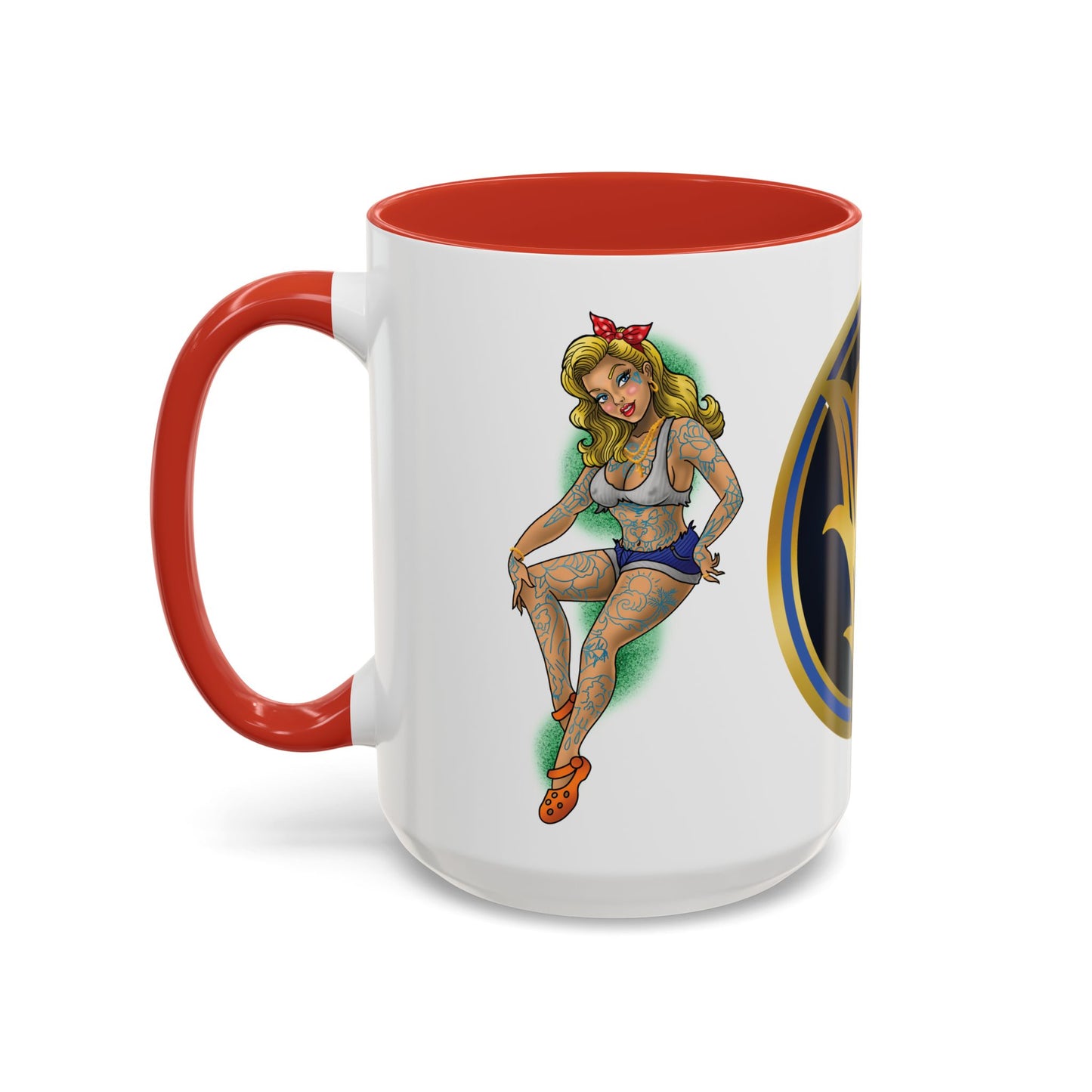Vintage Pin-Up Coffee Mug with Gold Monogram V — Retro Tattoo Style Accent Mug (11/15oz)