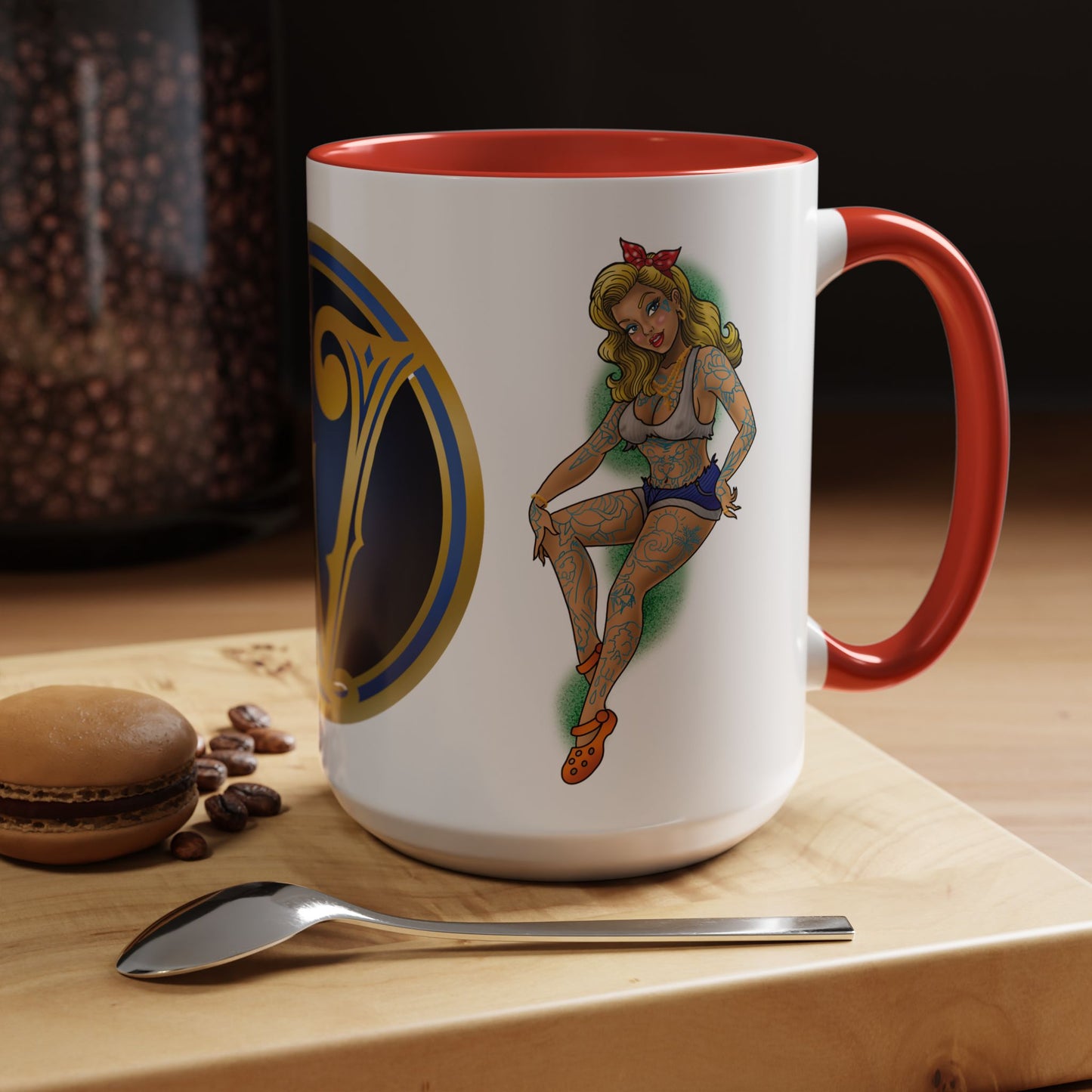 Vintage Pin-Up Coffee Mug with Gold Monogram V — Retro Tattoo Style Accent Mug (11/15oz)