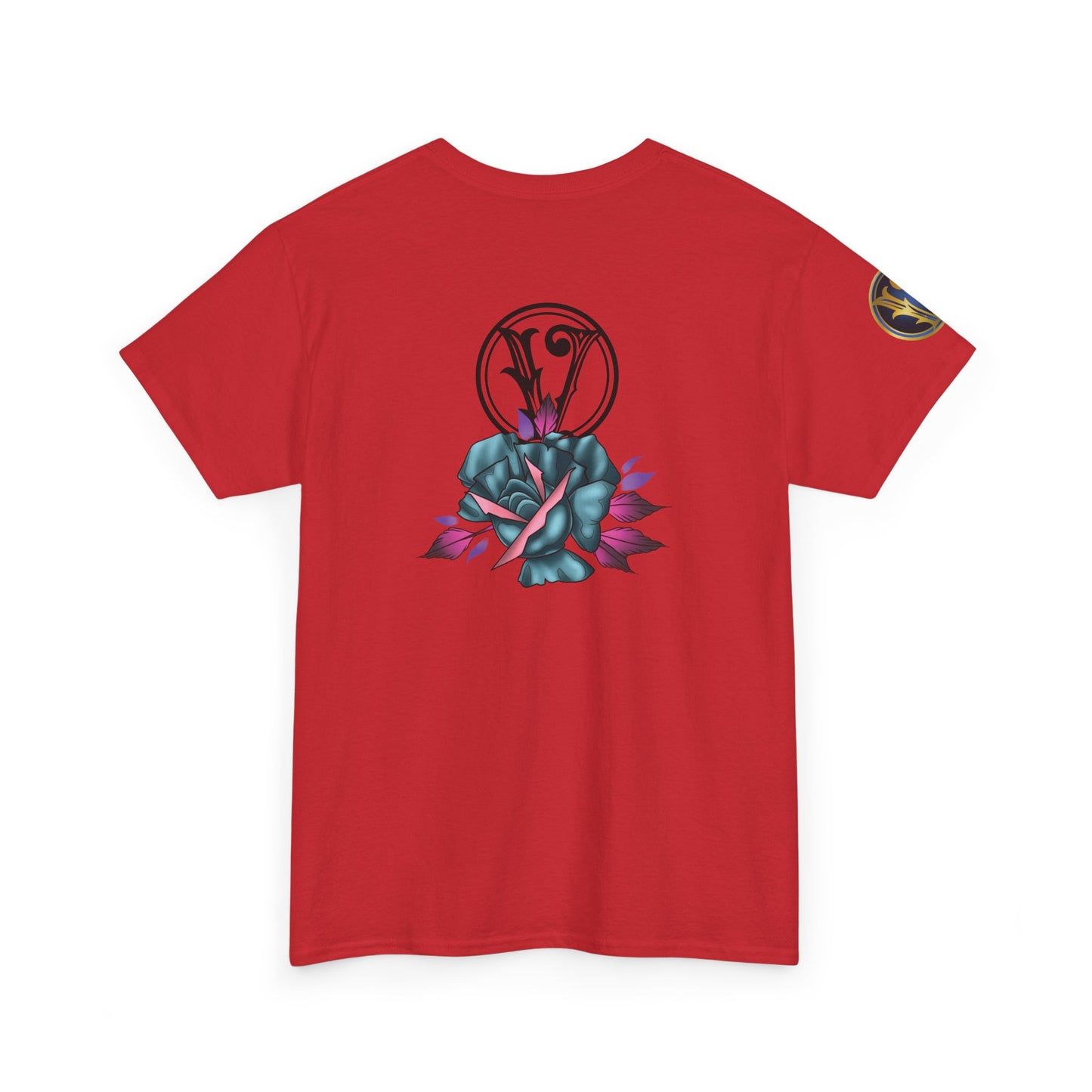 Blue & Pink Rose Graphic Tee — Vintage Floral Tattoo Shirt